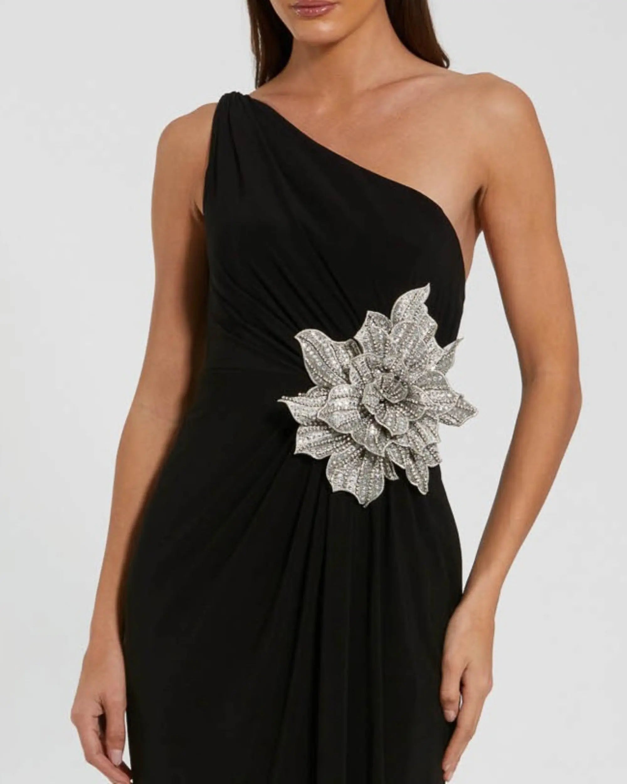 Black One Shoulder Jersey Gown With Rhinestone Flower-Myartka