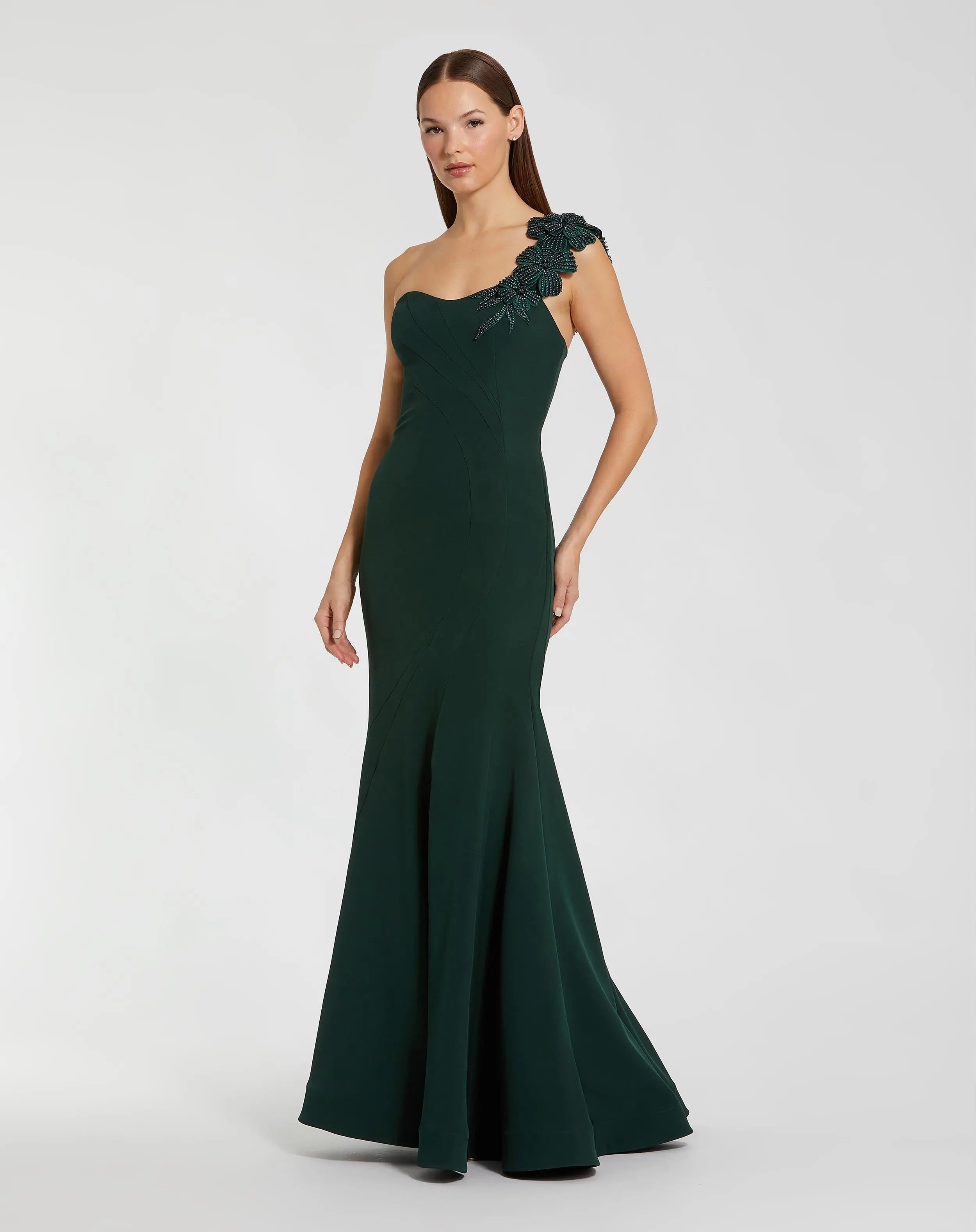 Dark Green Crepe One Shoulder Beaded Flower Mermaid Gown-Myartka