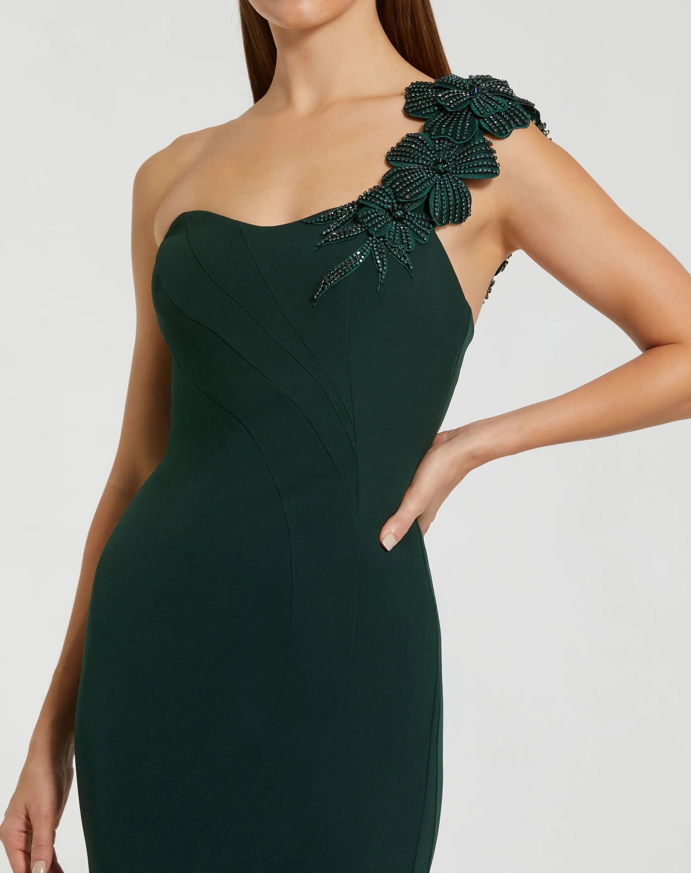 Dark Green Crepe One Shoulder Beaded Flower Mermaid Gown-Myartka
