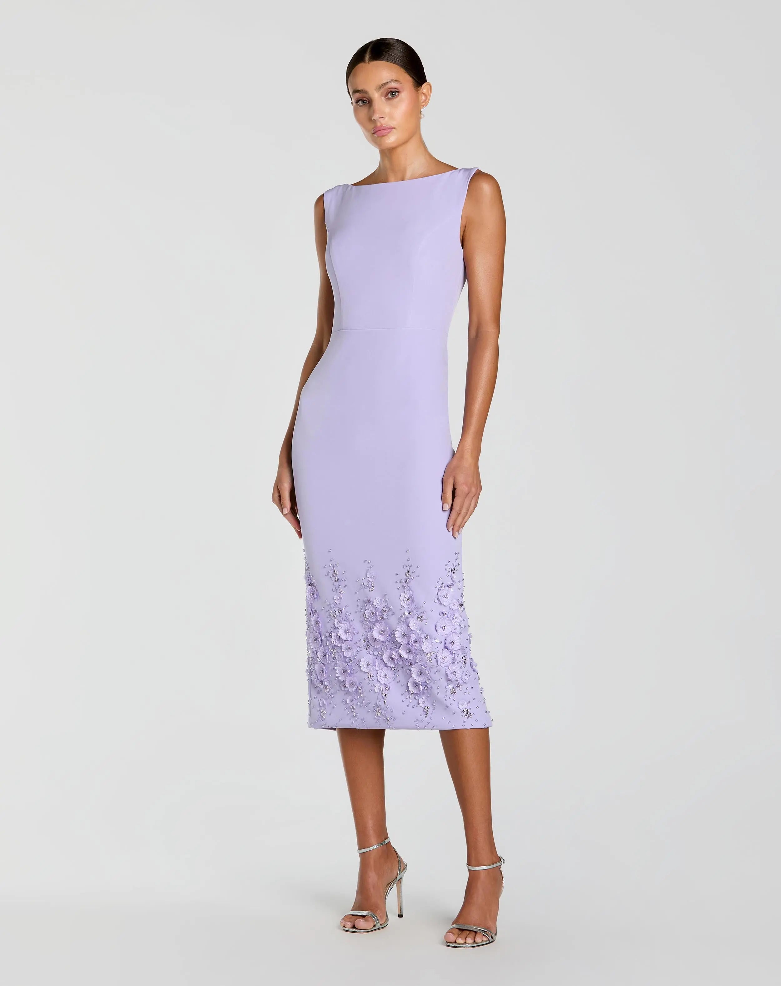 Purple Crepe Sleeveless Midi Dress With Flower Beading-Myartka