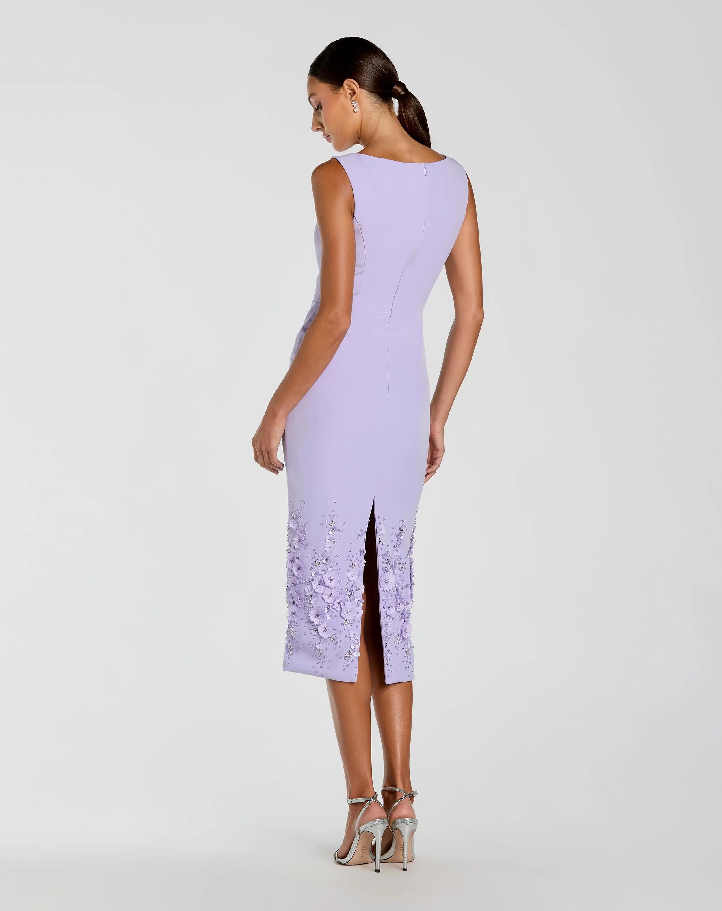 Purple Crepe Sleeveless Midi Dress With Flower Beading-Myartka
