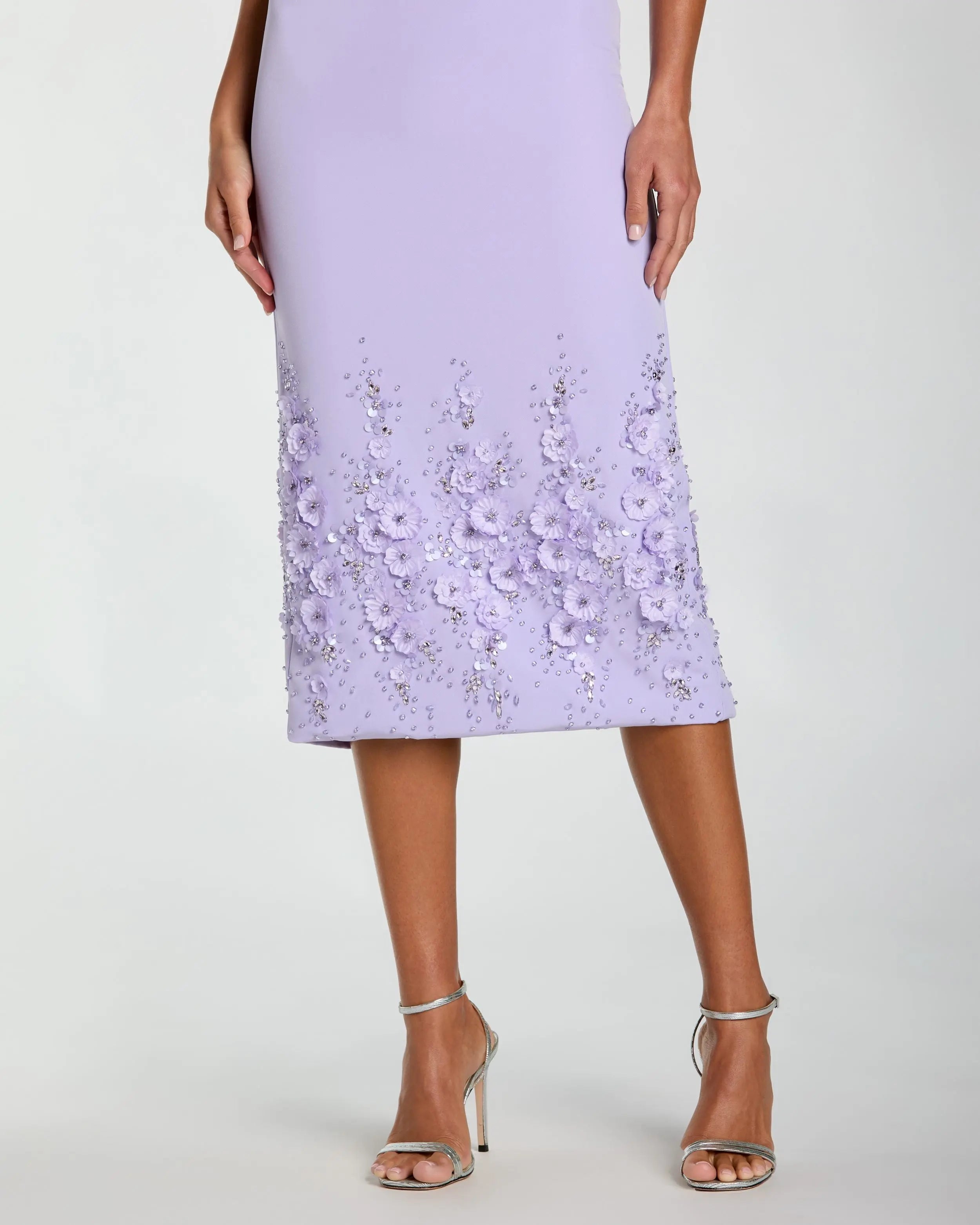 Purple Crepe Sleeveless Midi Dress With Flower Beading-Myartka