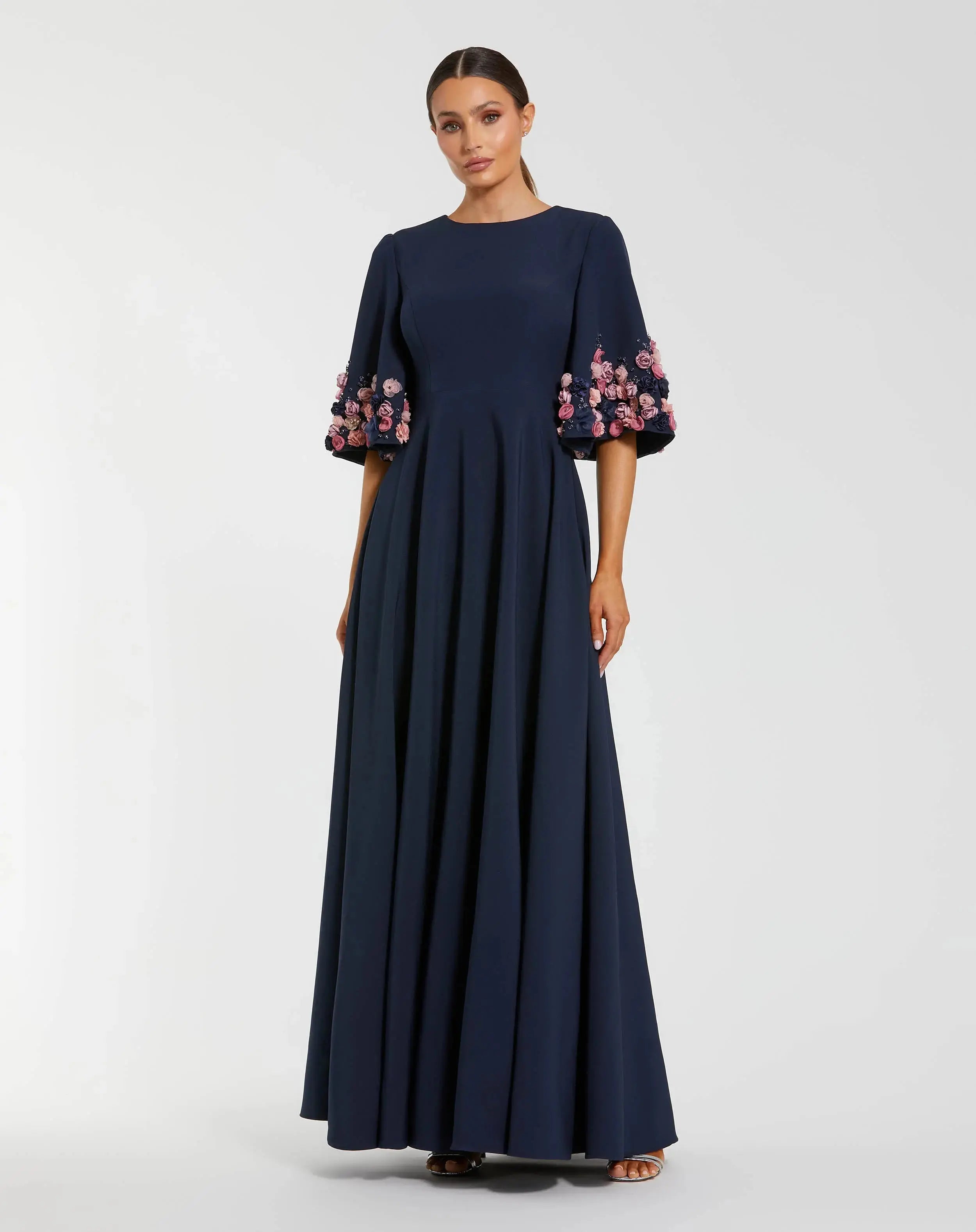 Navy Crepe 3/4 Sleeve A-line Gown With Flower Trim-Myartka