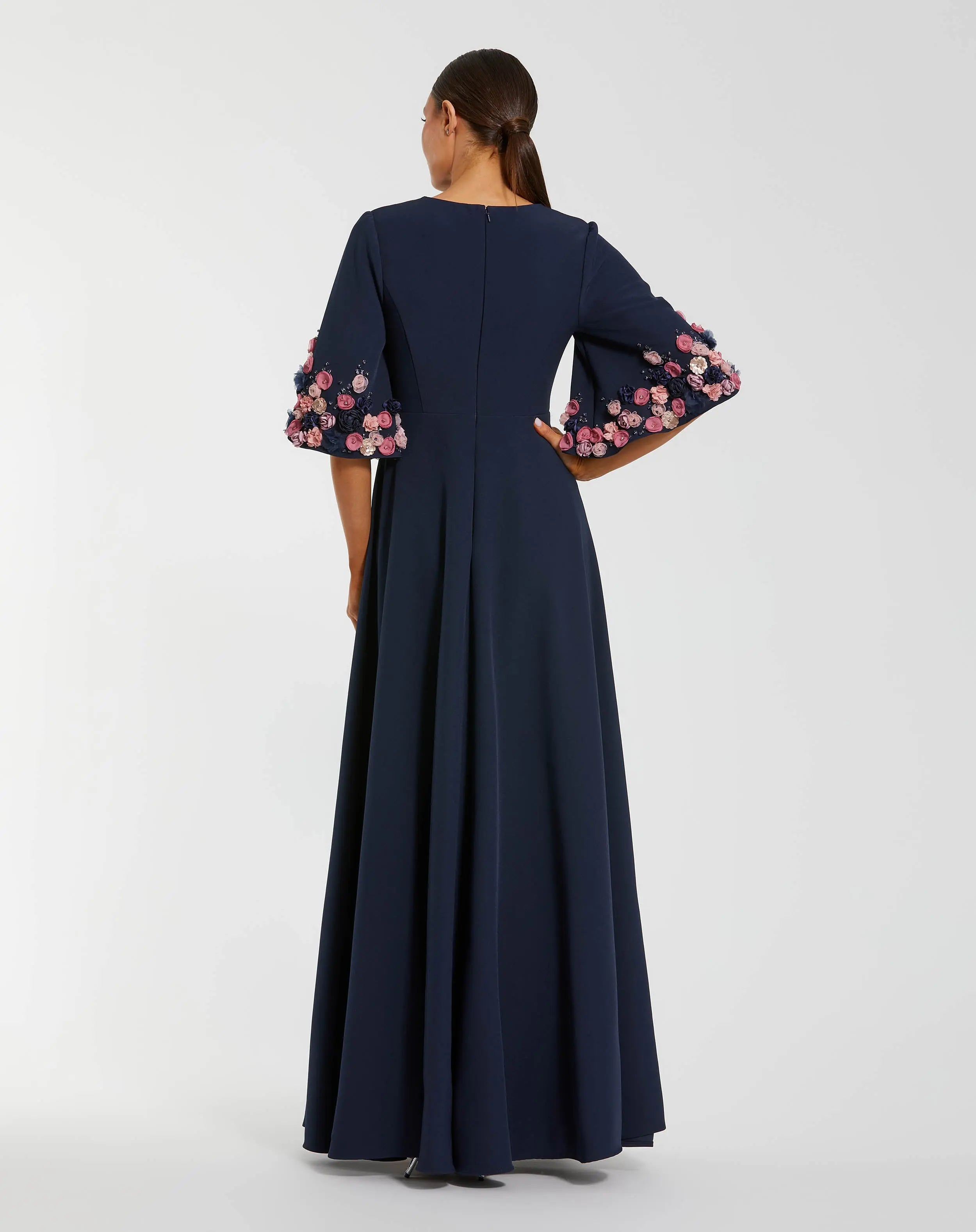Navy Crepe 3/4 Sleeve A-line Gown With Flower Trim-Myartka