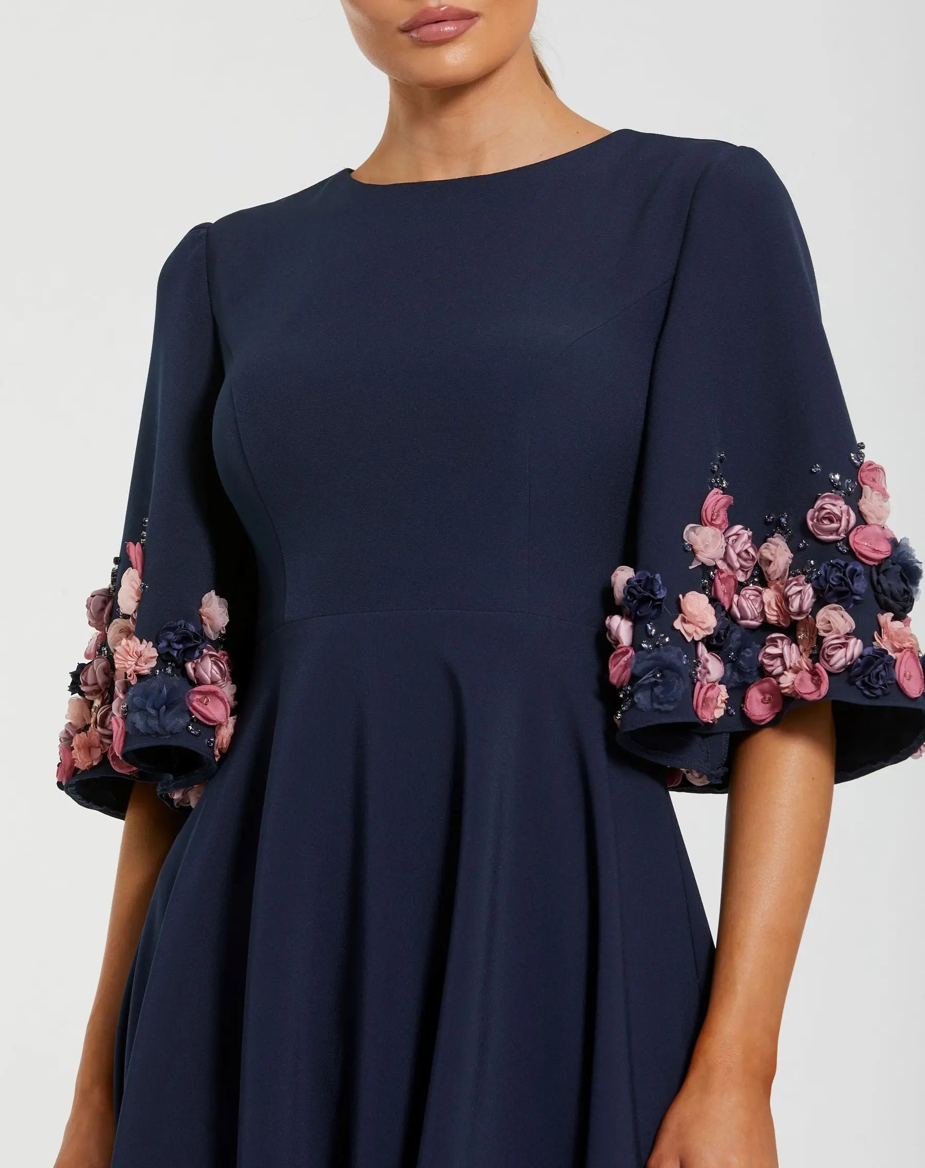 Navy Crepe 3/4 Sleeve A-line Gown With Flower Trim-Myartka