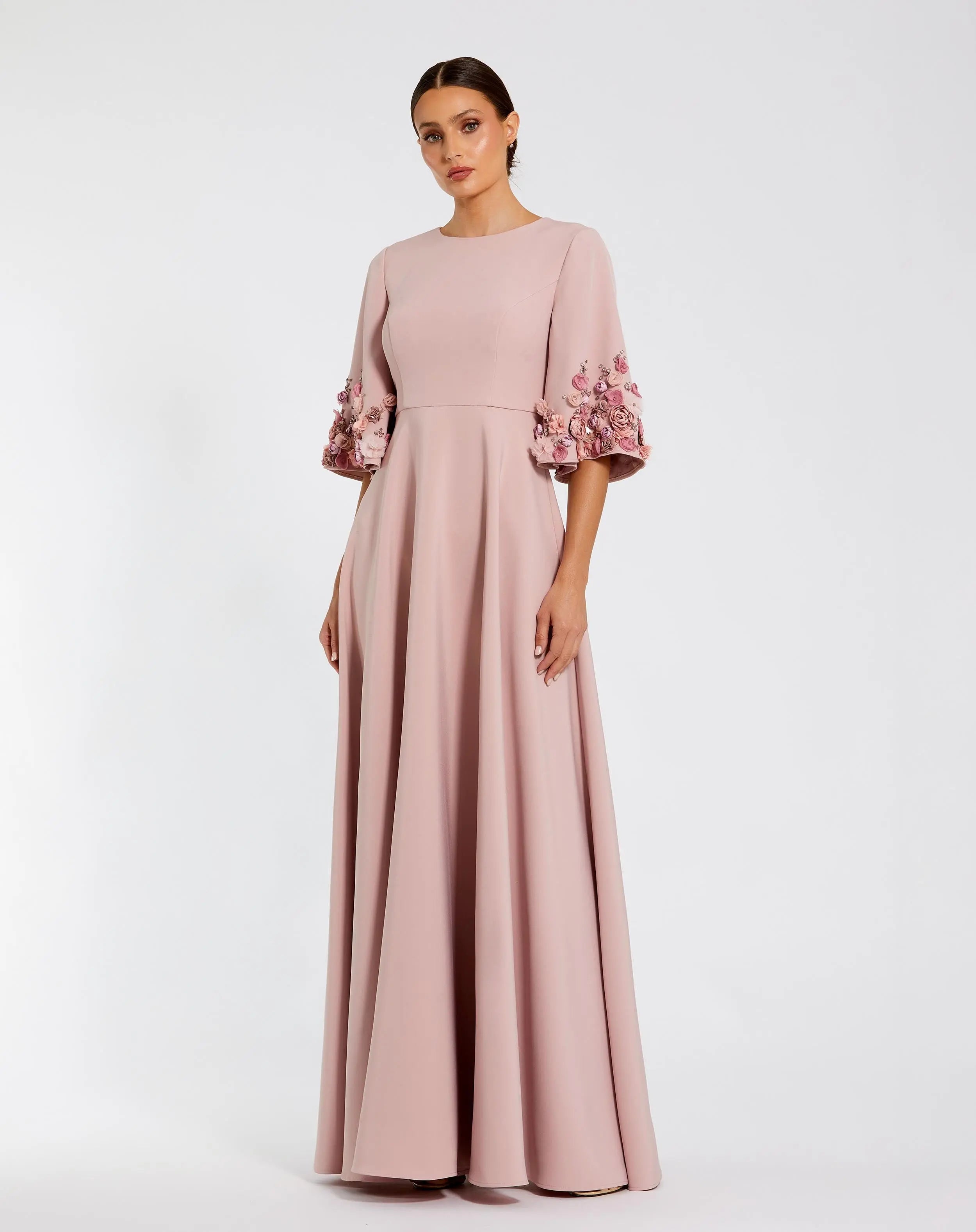 Pink Crepe 3/4 Sleeve A-line Gown With Flower Trim-Myartka