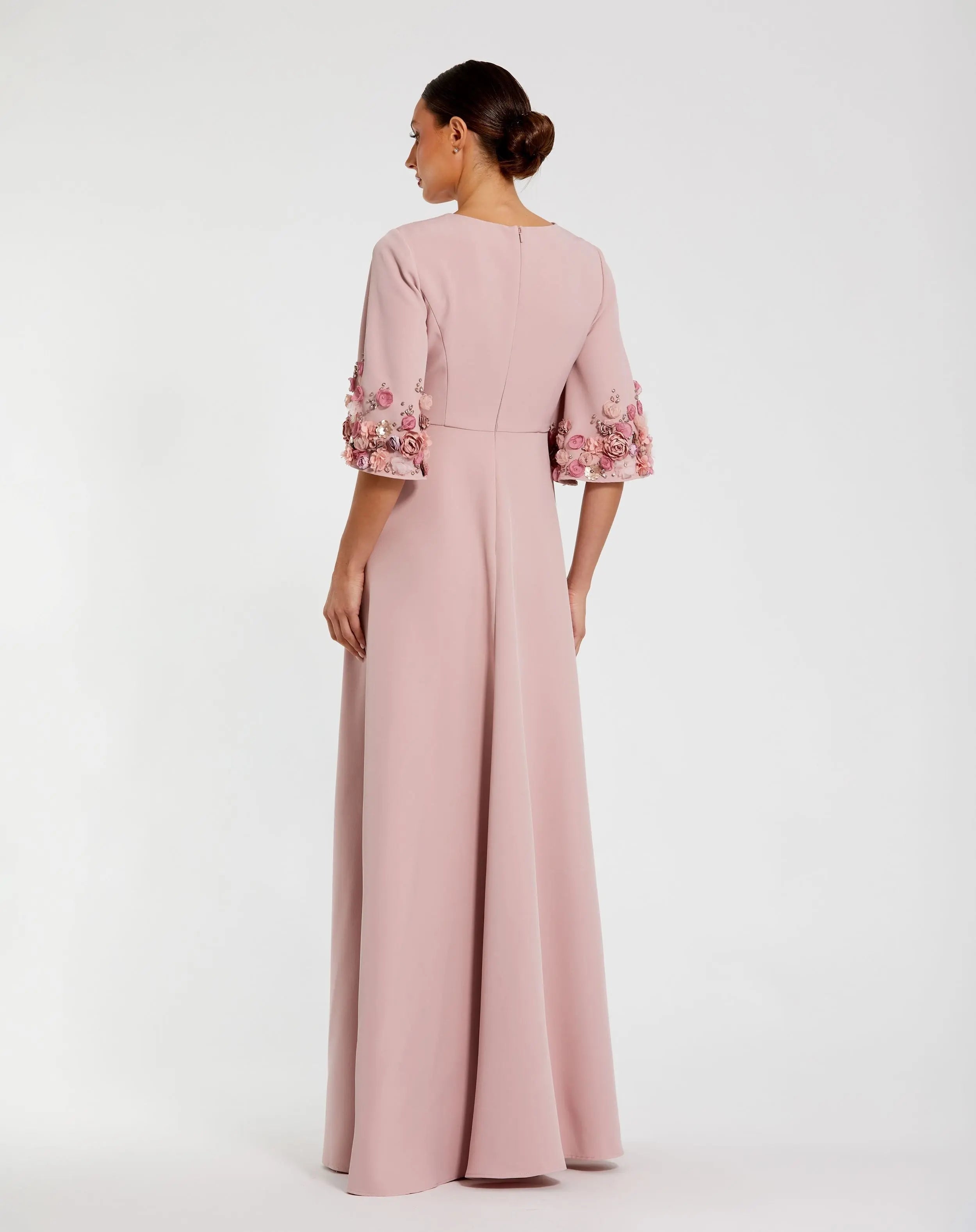 Pink Crepe 3/4 Sleeve A-line Gown With Flower Trim-Myartka