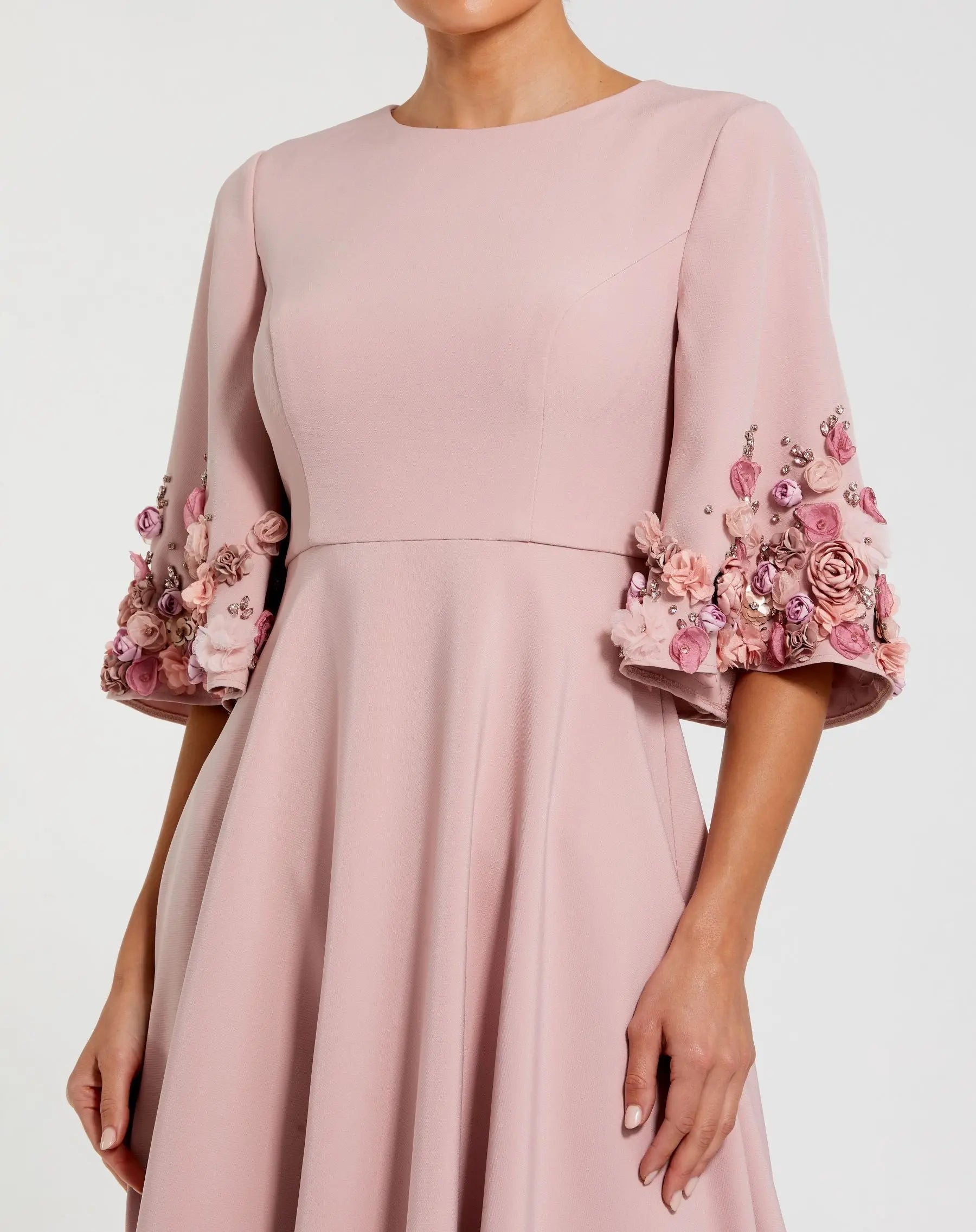 Pink Crepe 3/4 Sleeve A-line Gown With Flower Trim-Myartka