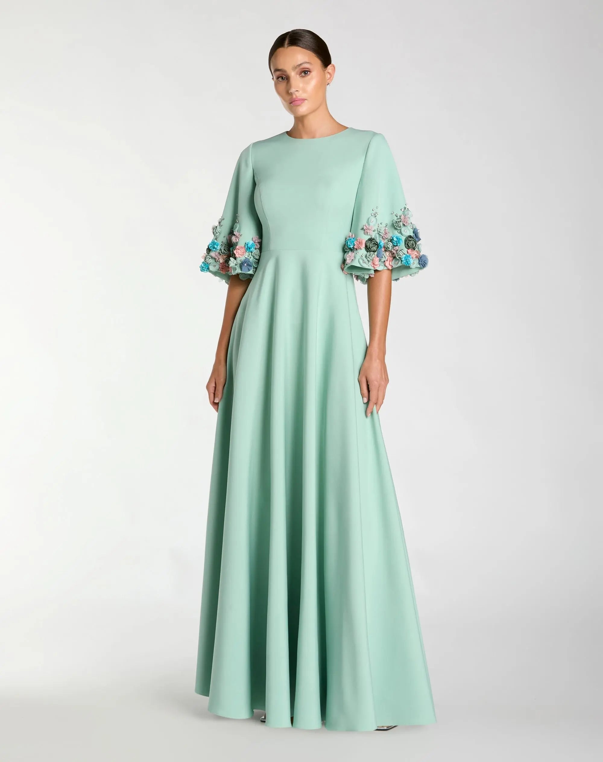 Green Crepe 3/4 Sleeve A-line Gown With Flower Trim-Myartka