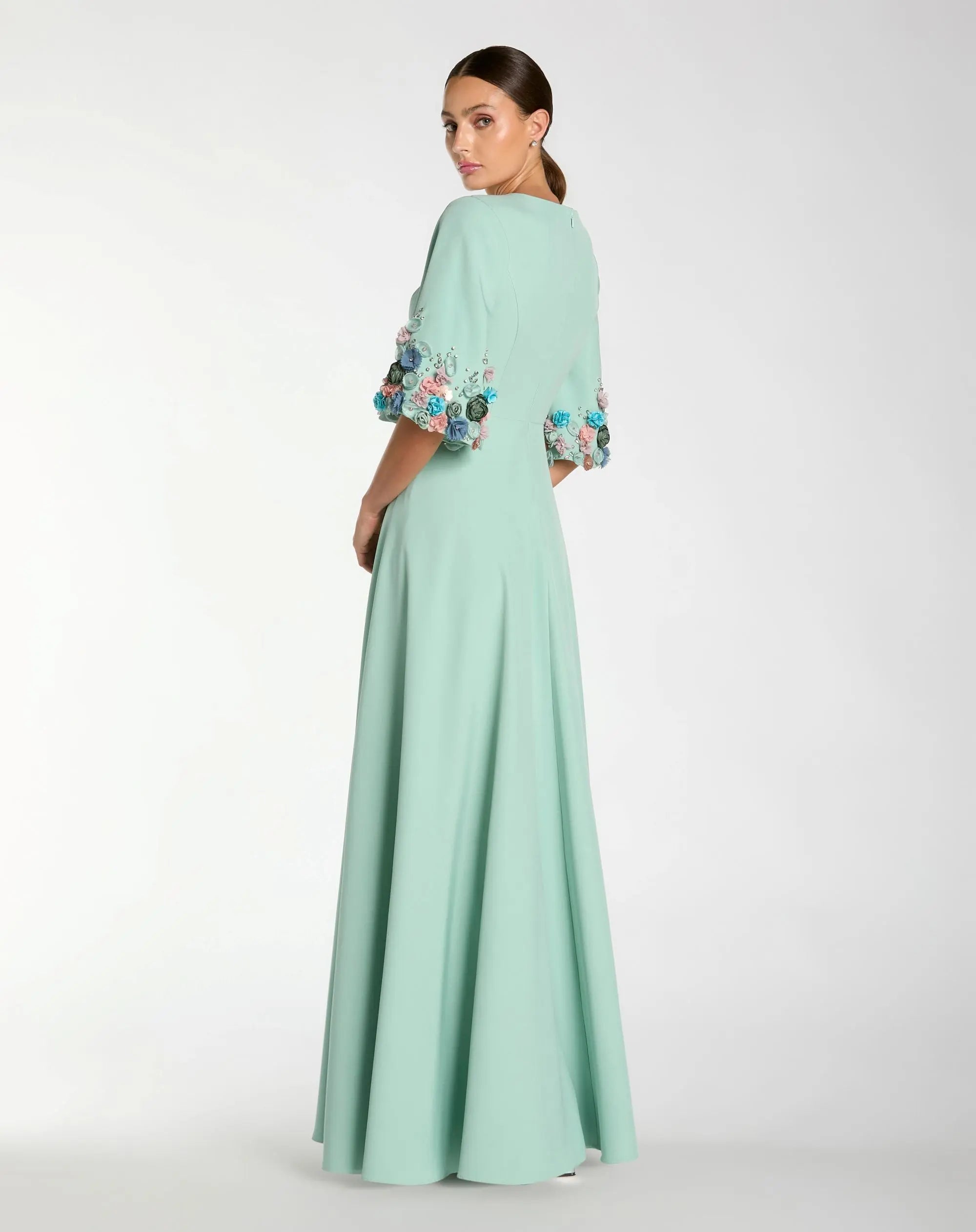 Green Crepe 3/4 Sleeve A-line Gown With Flower Trim-Myartka