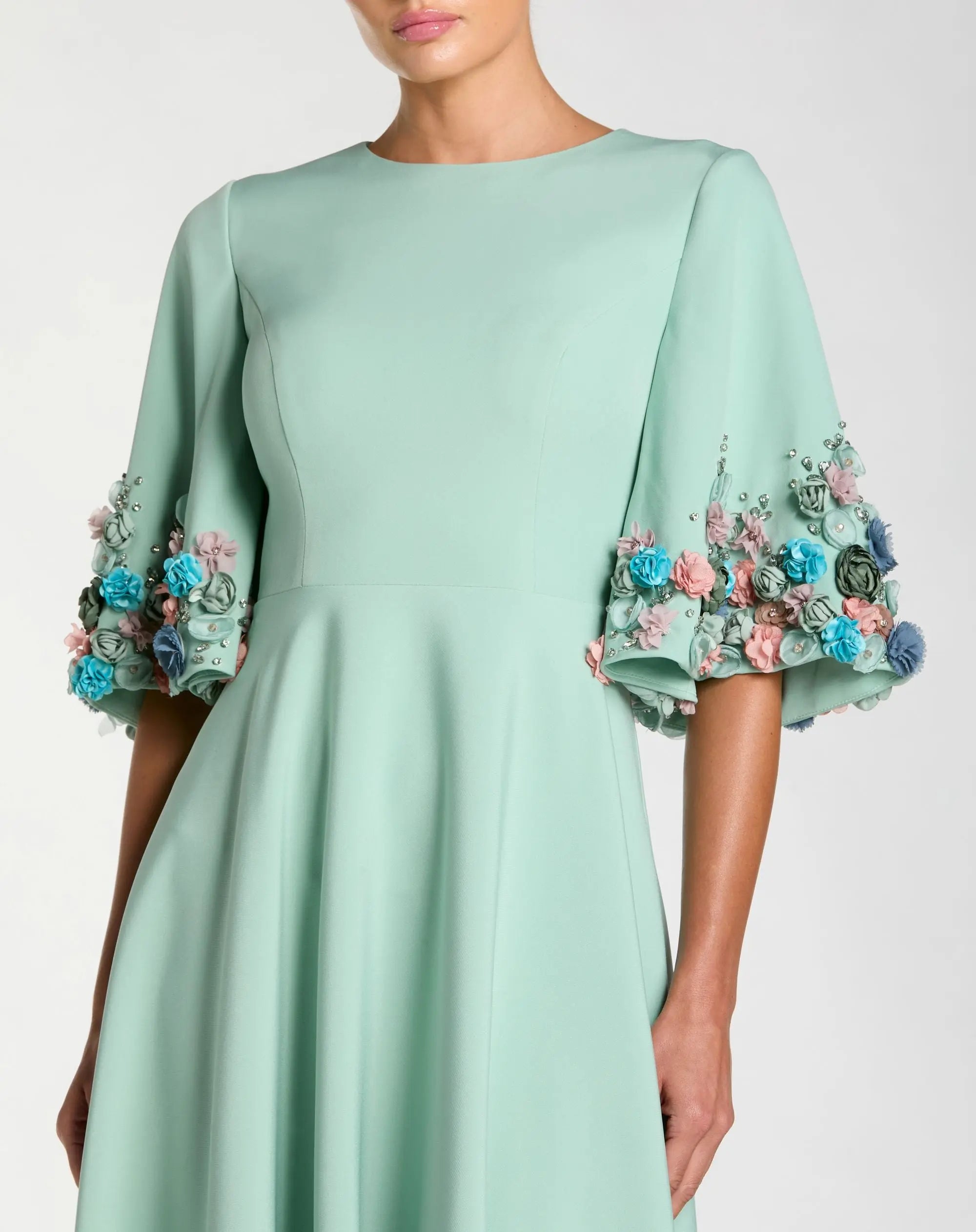 Green Crepe 3/4 Sleeve A-line Gown With Flower Trim-Myartka
