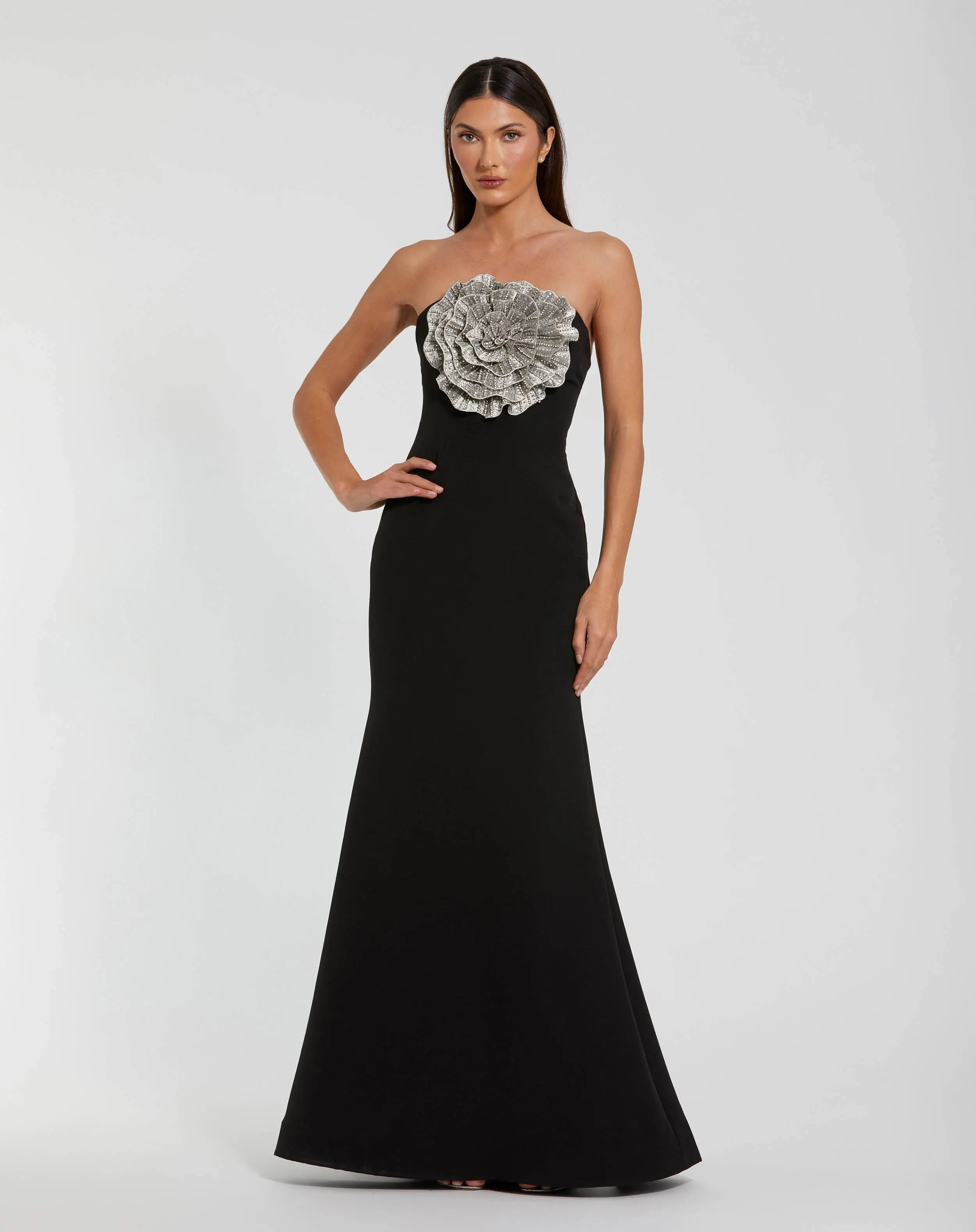 Black Strapless Crepe Trumpet Gown with 3D Rhinestone Flower-Myartka