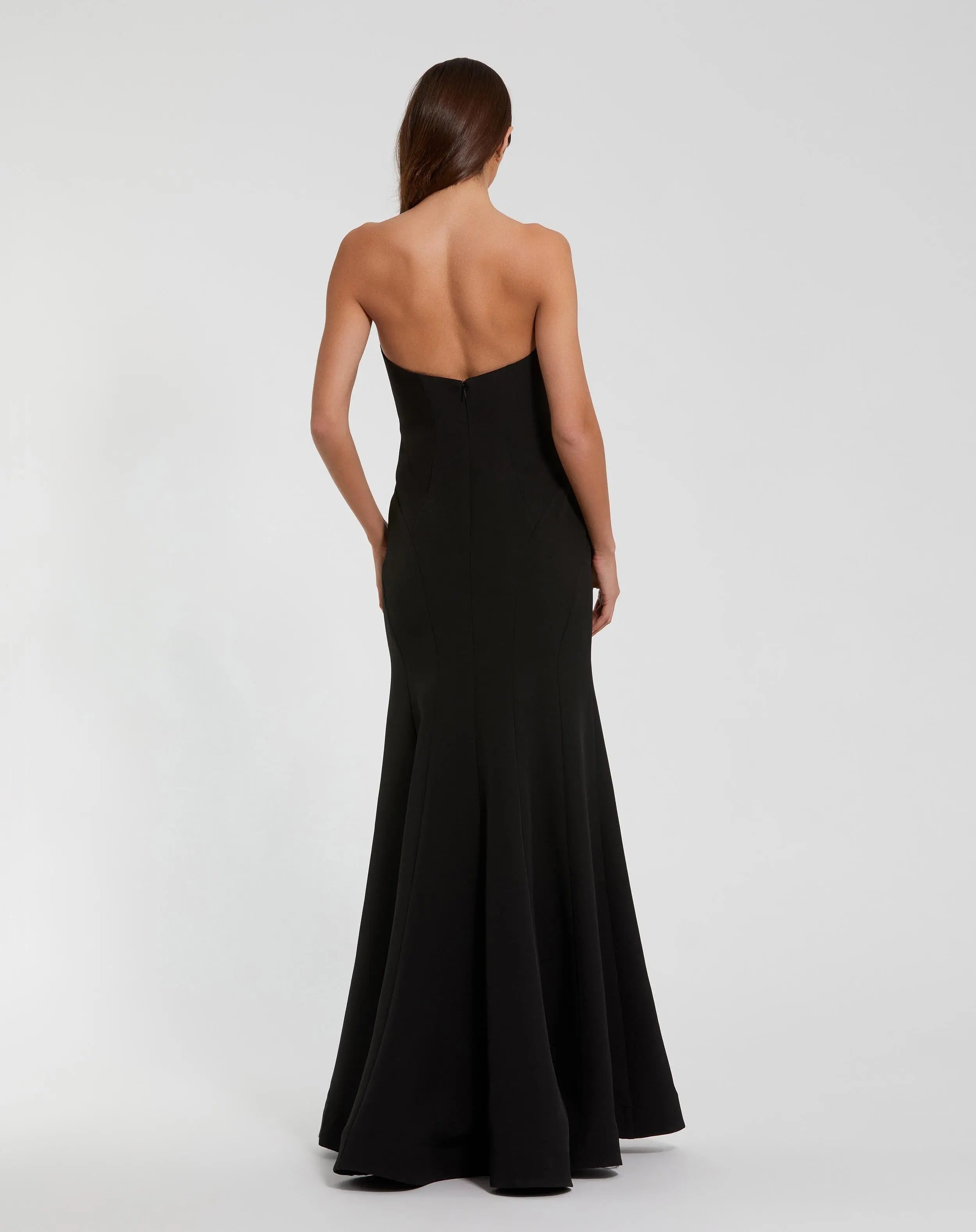 Black Strapless Crepe Trumpet Gown with 3D Rhinestone Flower-Myartka