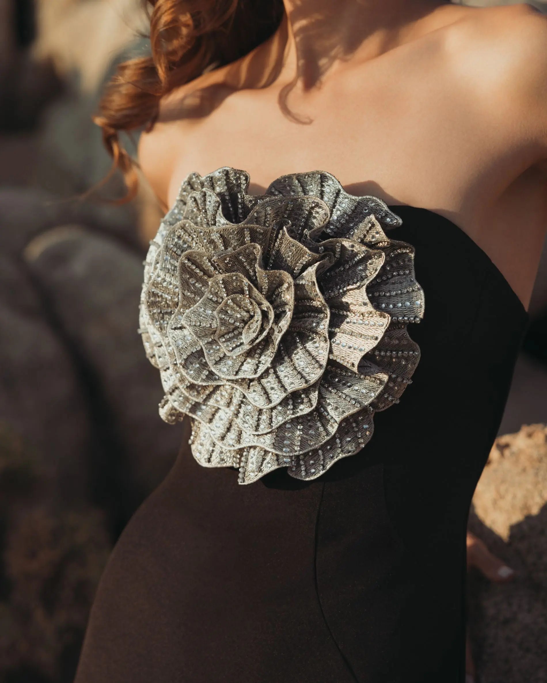 Black Strapless Crepe Trumpet Gown with 3D Rhinestone Flower-Myartka