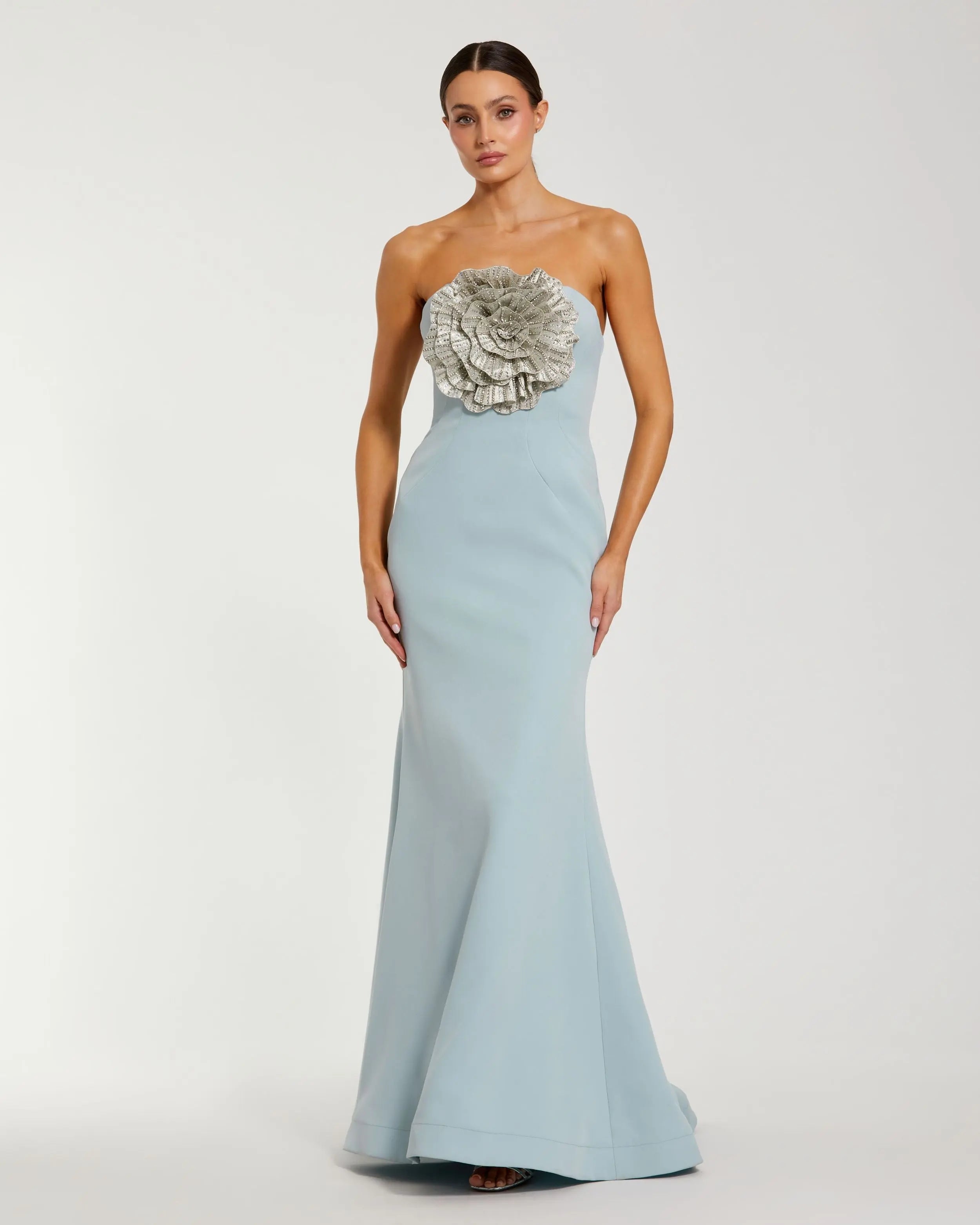 Blue Strapless Crepe Trumpet Gown with 3D Rhinestone Flower-Myartka