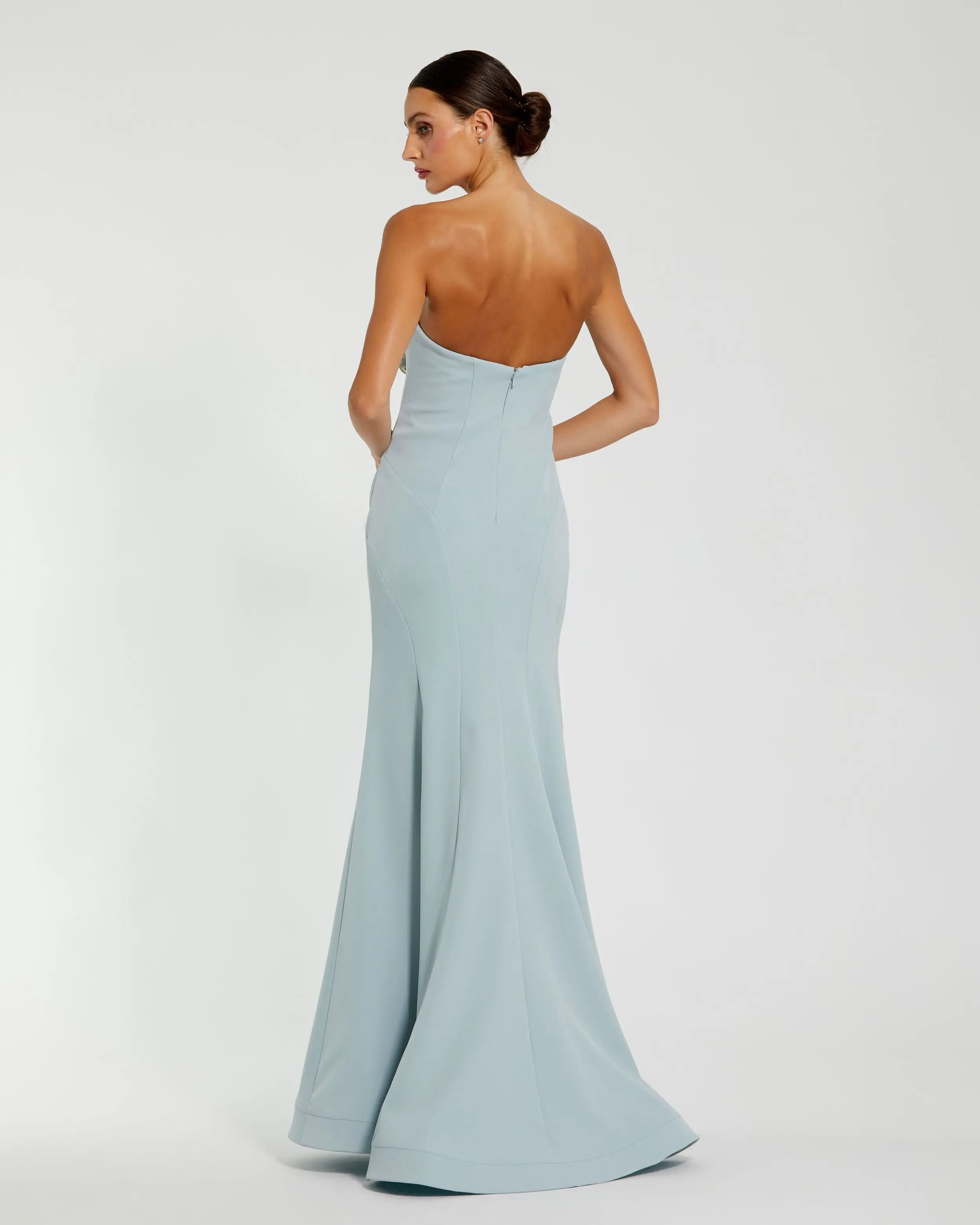 Blue Strapless Crepe Trumpet Gown with 3D Rhinestone Flower-Myartka