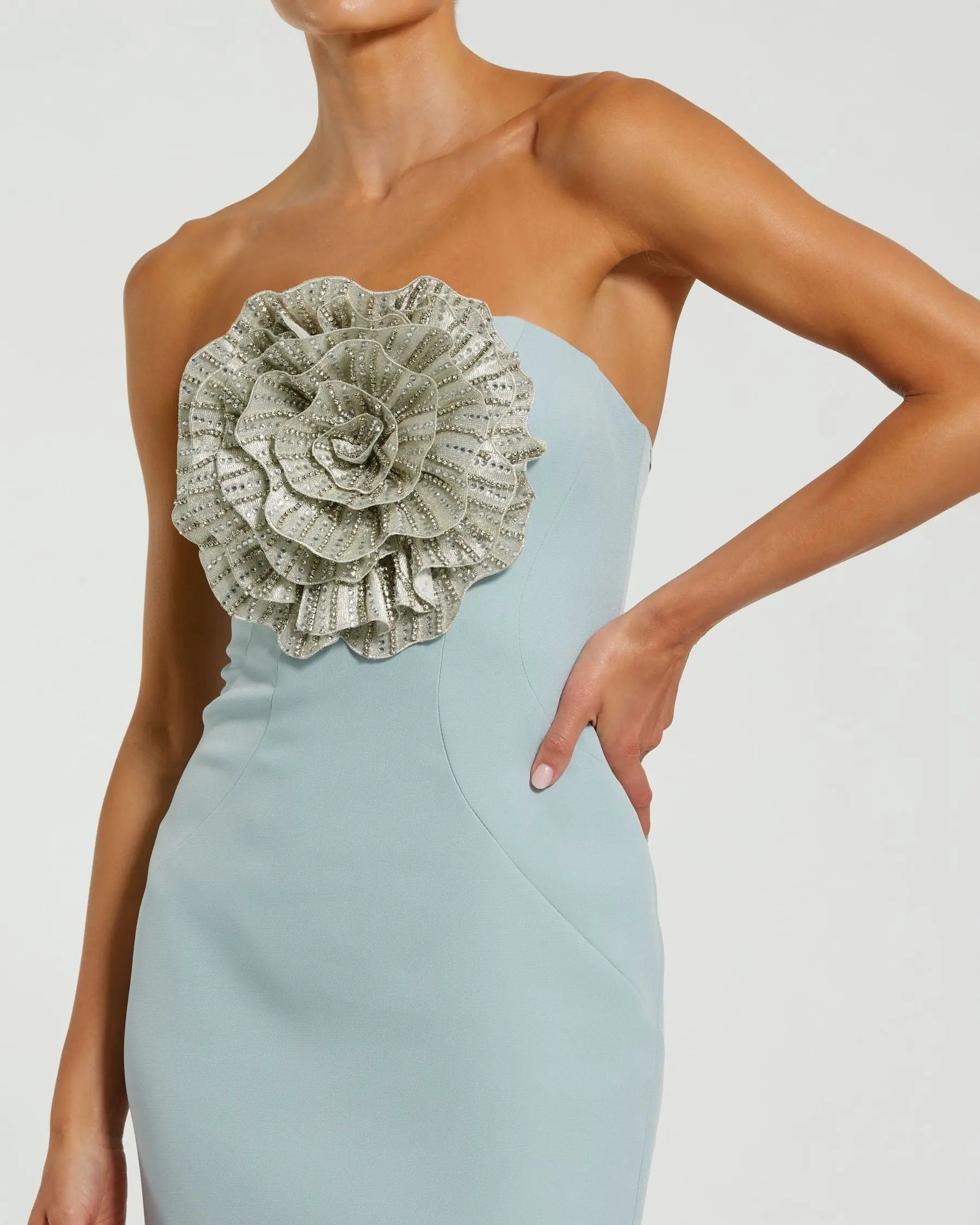 Blue Strapless Crepe Trumpet Gown with 3D Rhinestone Flower-Myartka