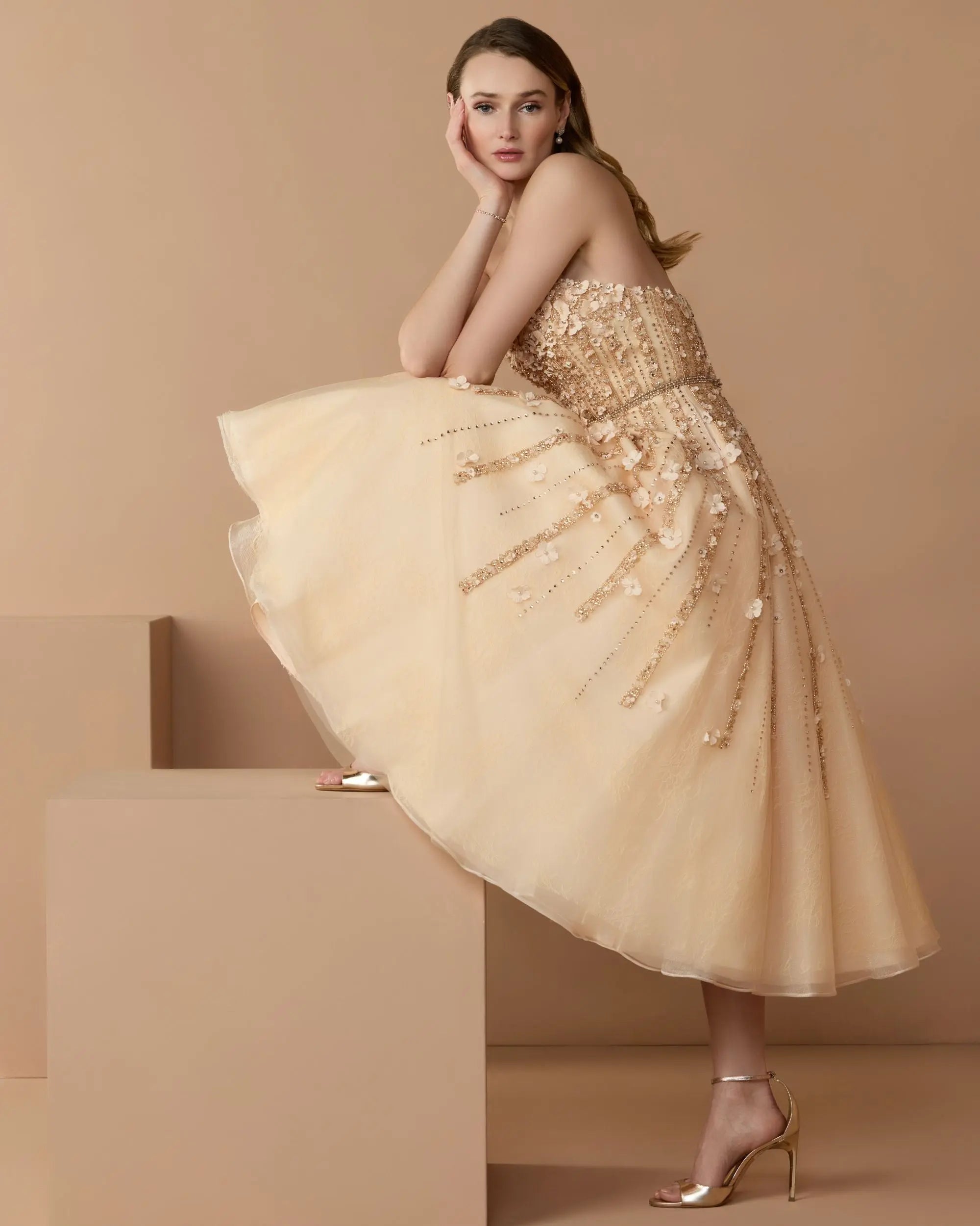 Beige Floral Embellished Strapless A-Line Midi Dress-Myartka