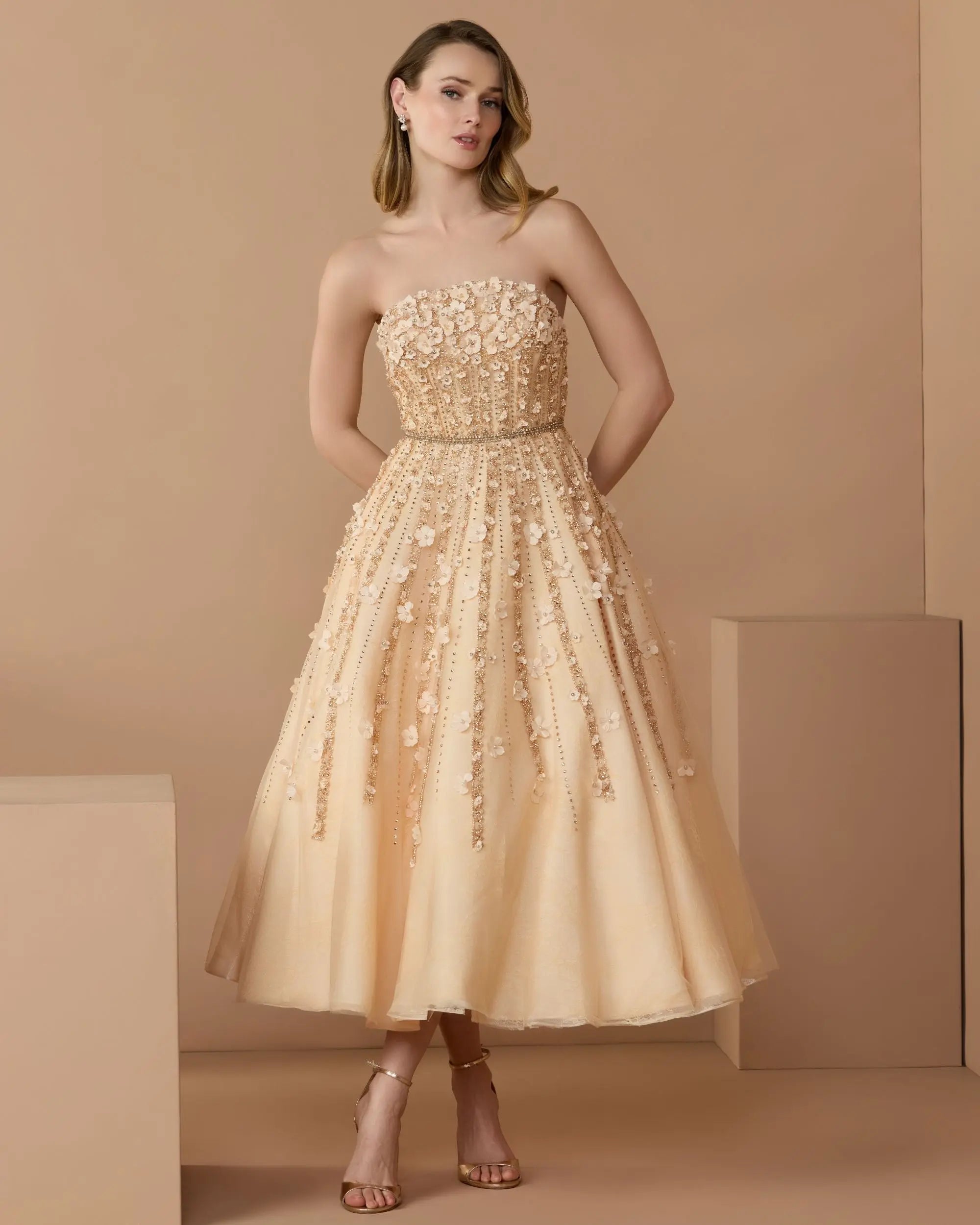 Beige Floral Embellished Strapless A-Line Midi Dress-Myartka