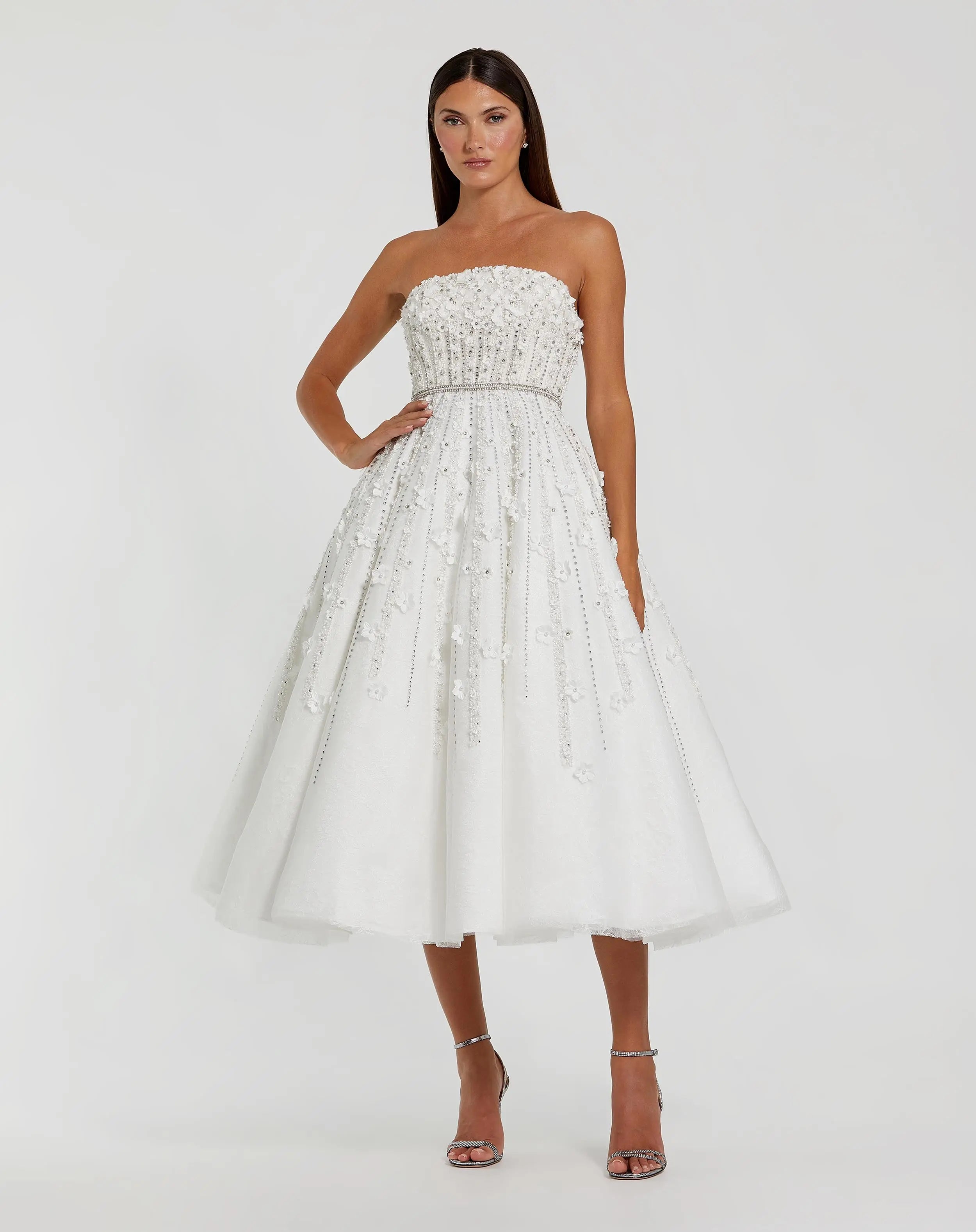 White Floral Embellished Strapless A-Line Midi Dress-Myartka