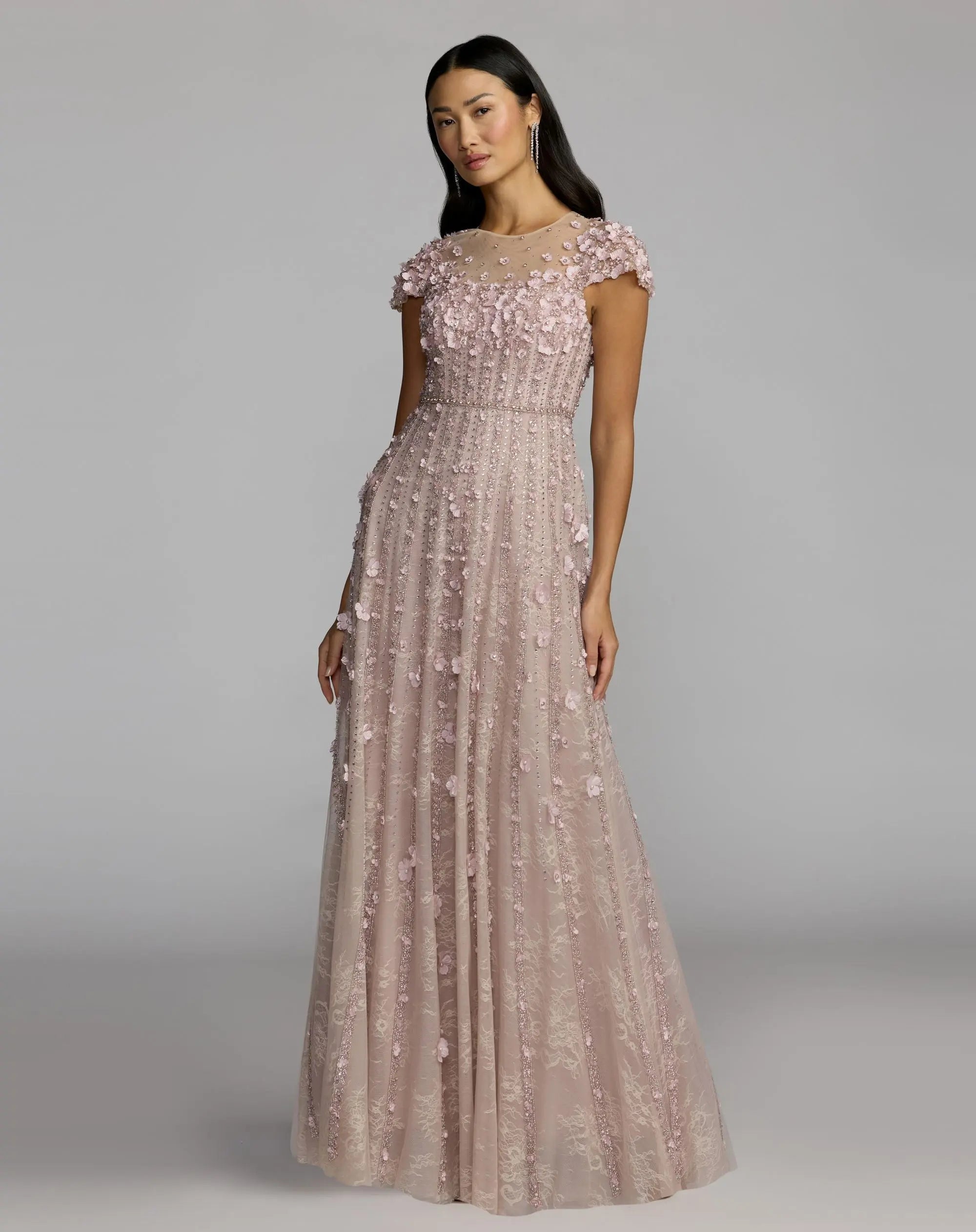 Pink Embellished Lace Illusion Neck A-Line Gown-Myartka