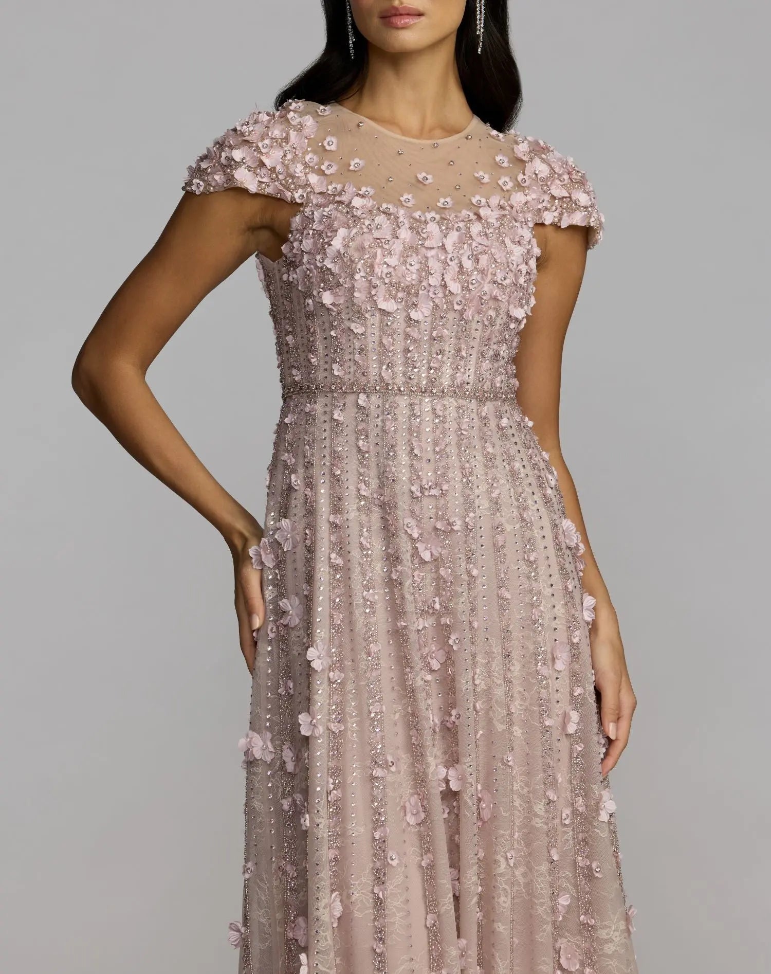 Pink Embellished Lace Illusion Neck A-Line Gown-Myartka