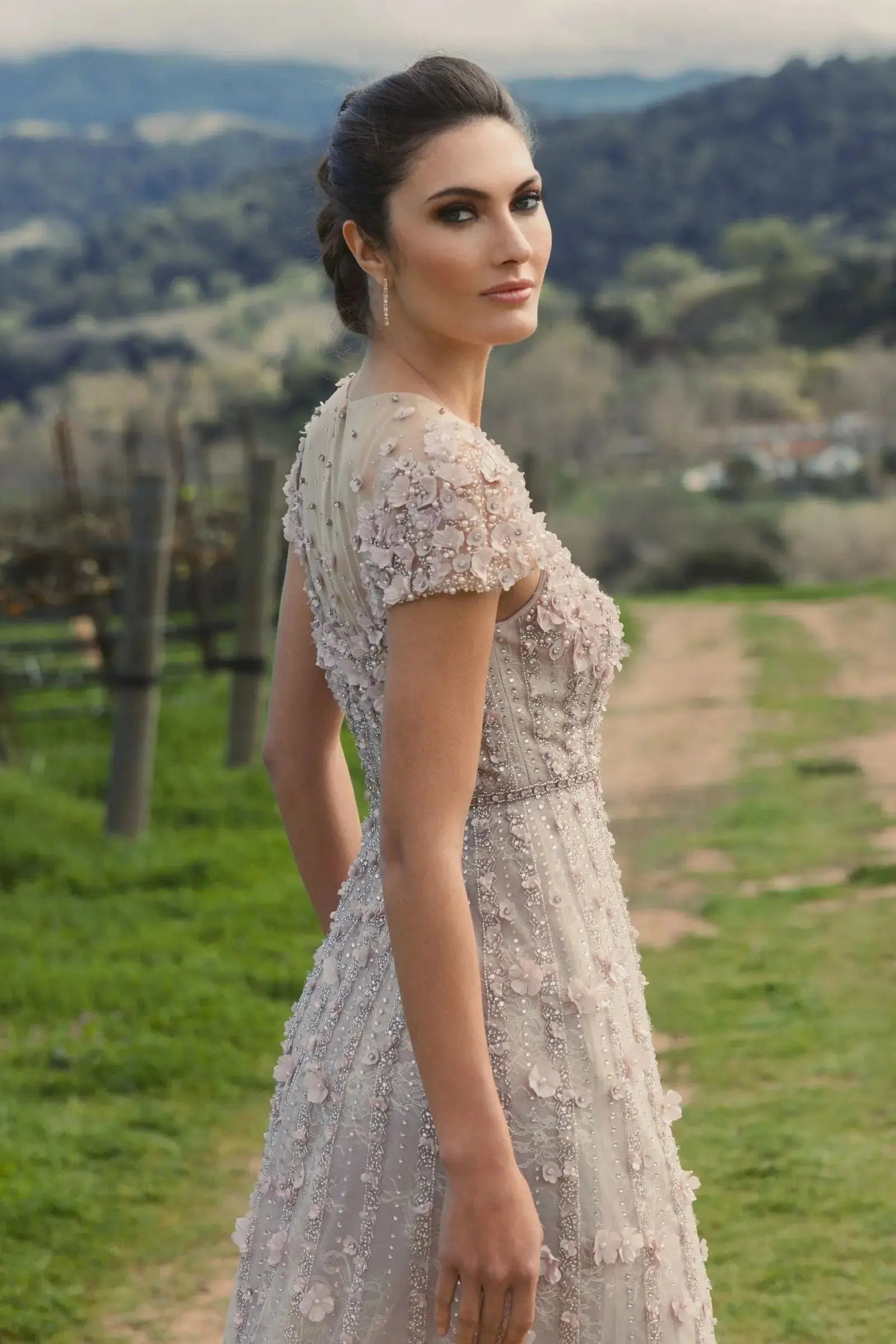 Pink Embellished Lace Illusion Neck A-Line Gown-Myartka