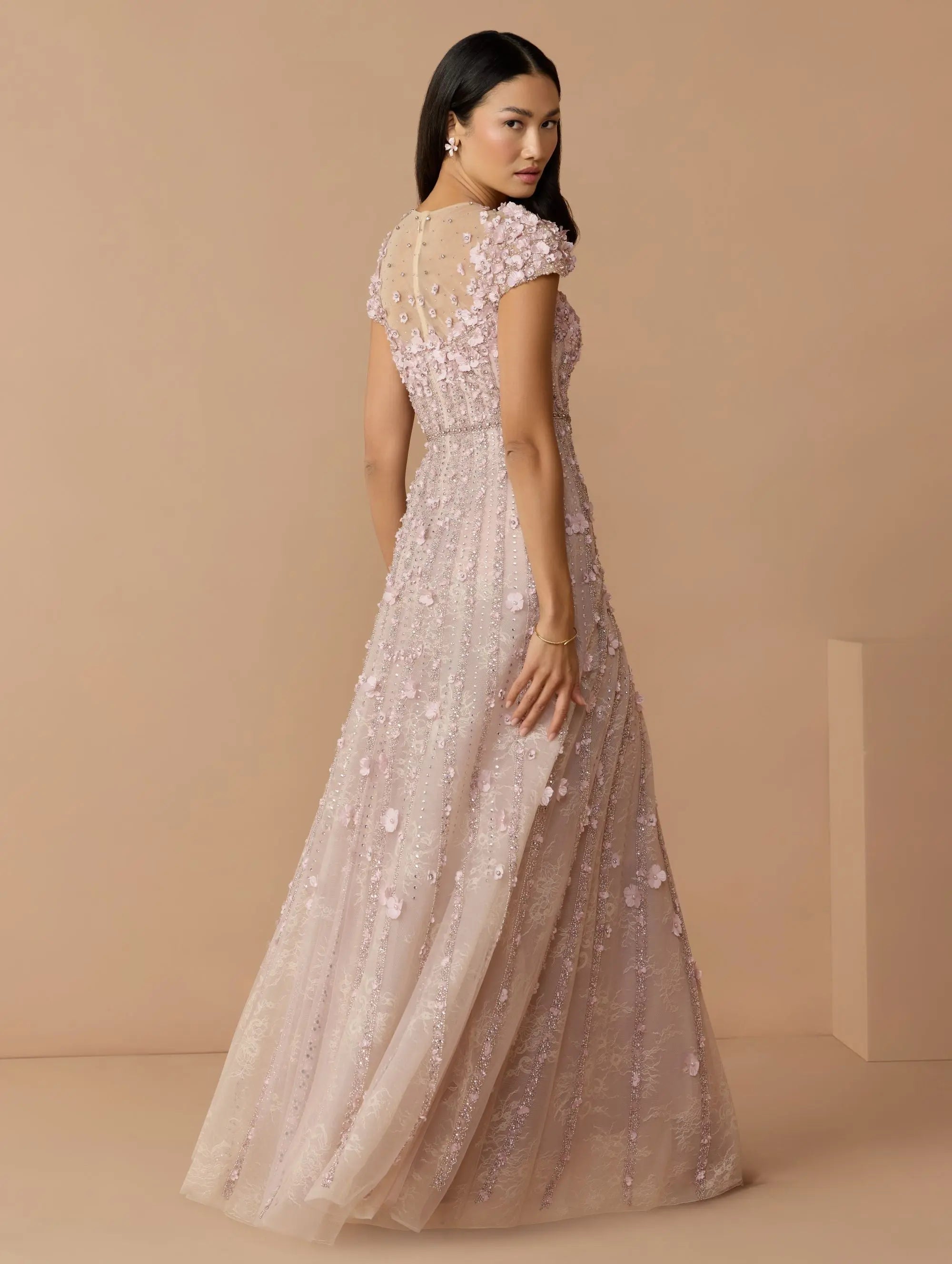 Pink Embellished Lace Illusion Neck A-Line Gown-Myartka