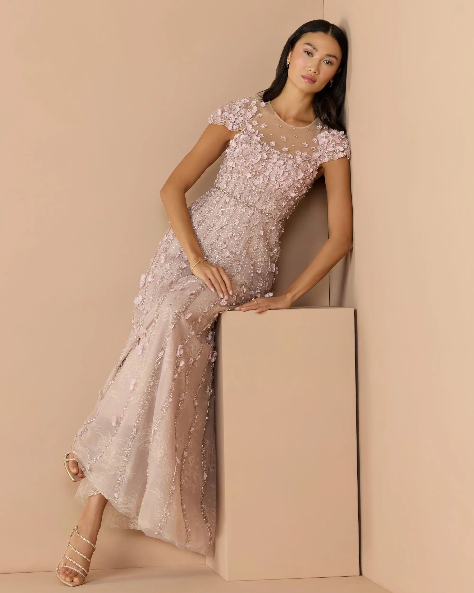 Pink Embellished Lace Illusion Neck A-Line Gown-Myartka
