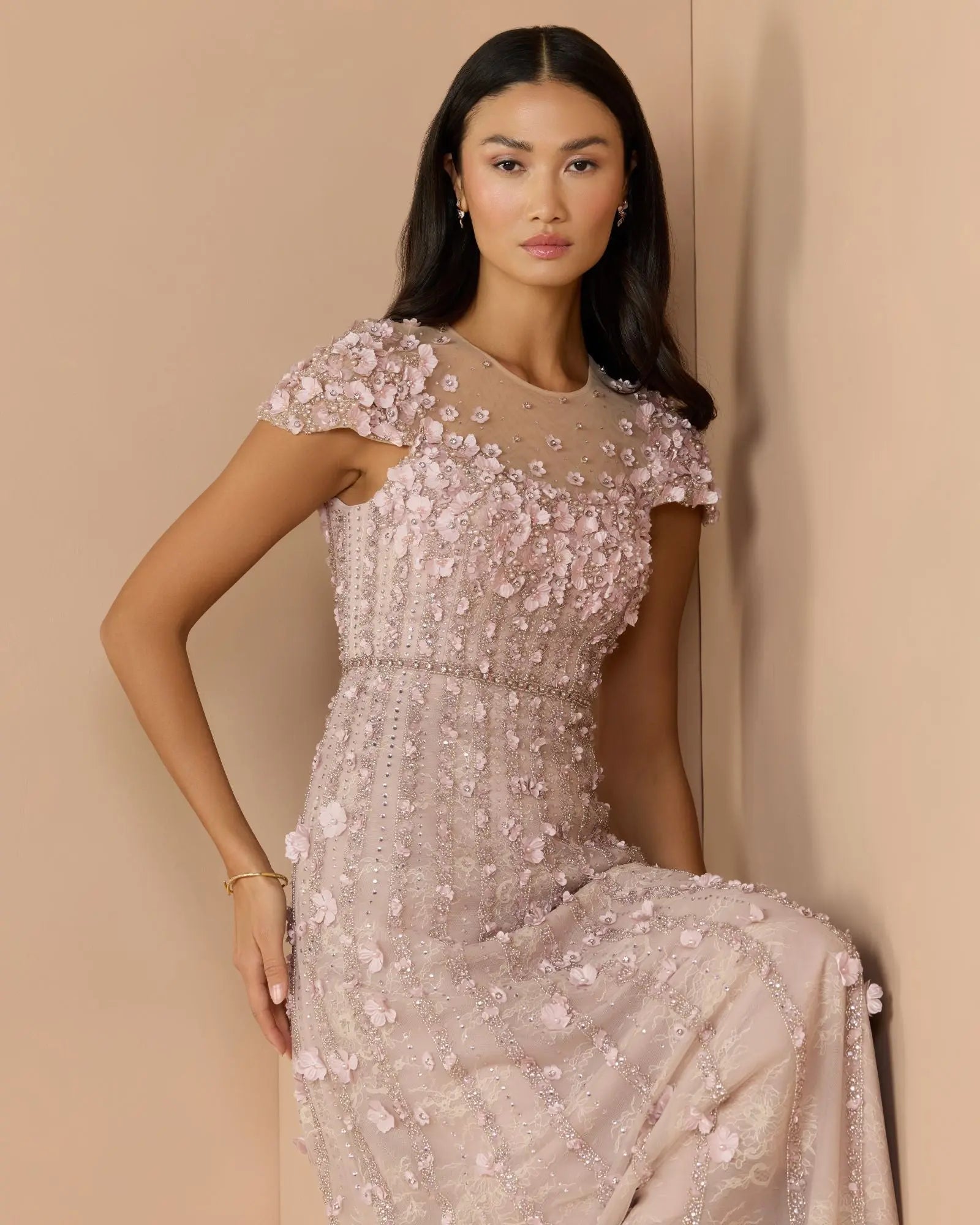 Pink Embellished Lace Illusion Neck A-Line Gown-Myartka