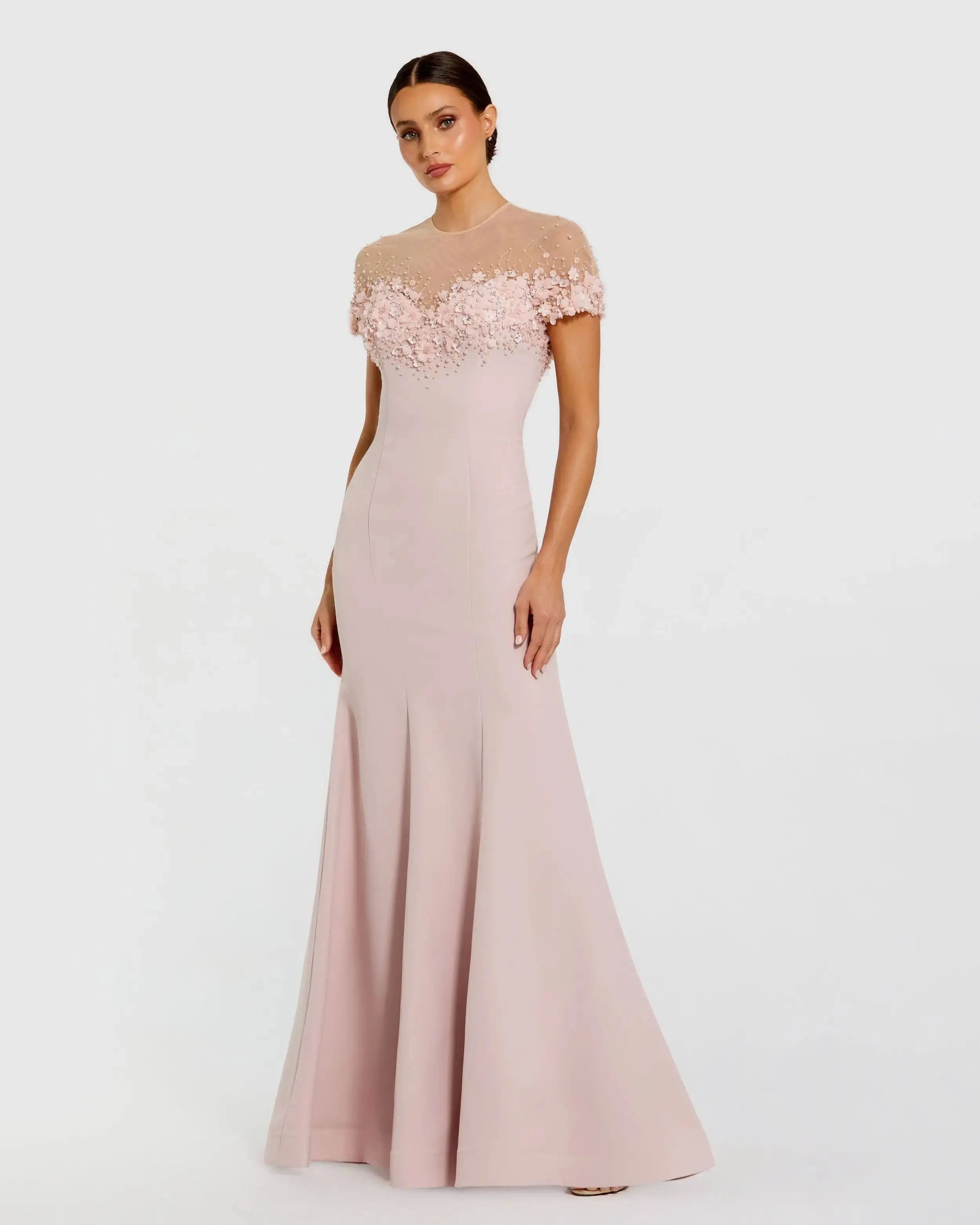 Pink Crepe Mermaid Gown With Beaded Illusion Neck-Myartka