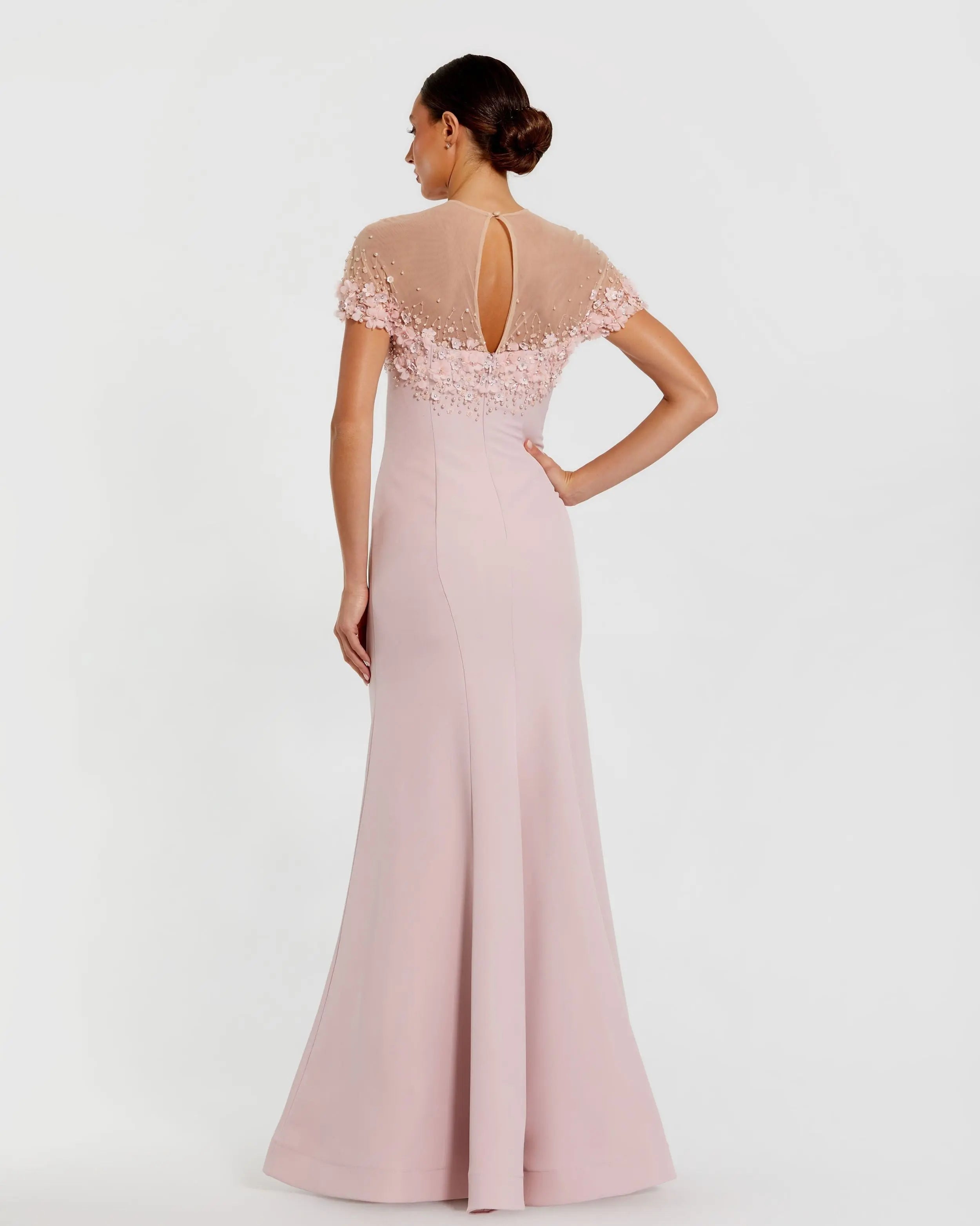 Pink Crepe Mermaid Gown With Beaded Illusion Neck-Myartka