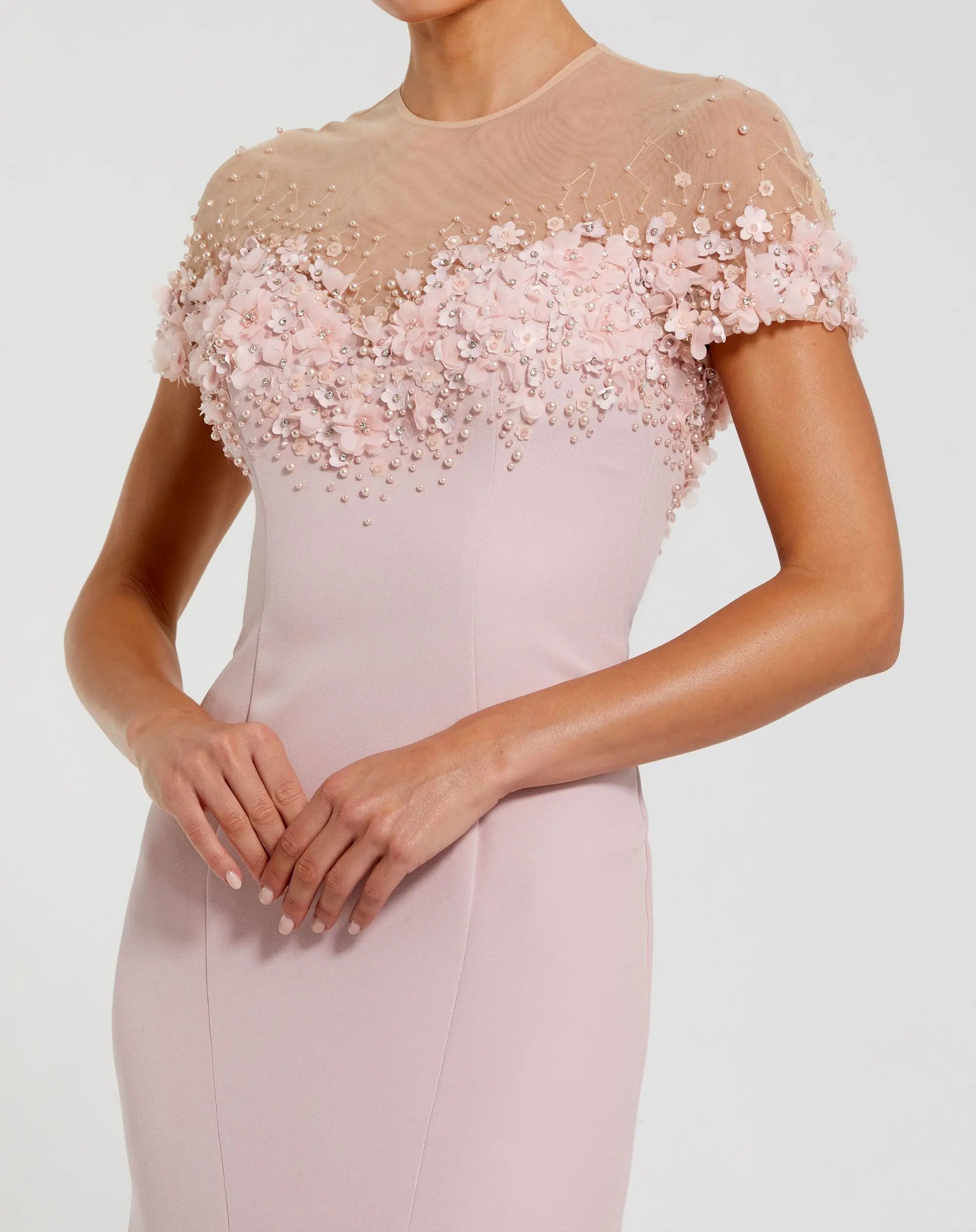 Pink Crepe Mermaid Gown With Beaded Illusion Neck-Myartka