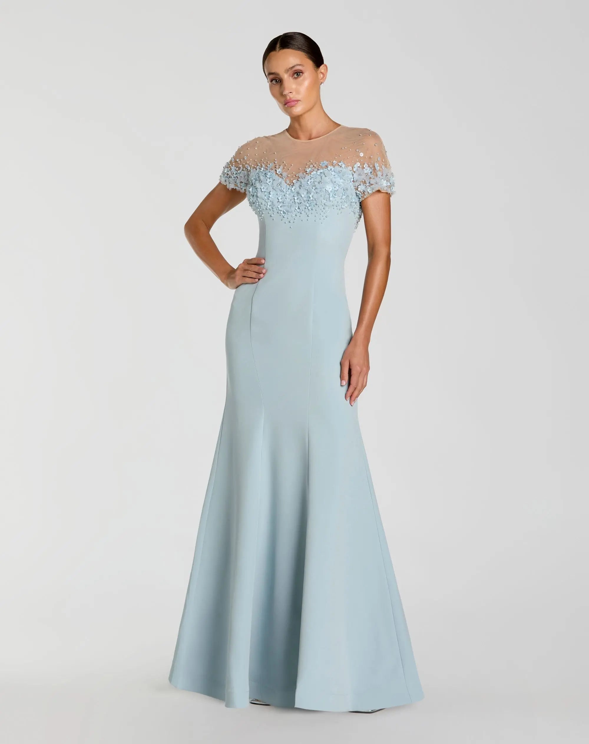 Blue Crepe Mermaid Gown With Beaded Illusion Neck-Myartka