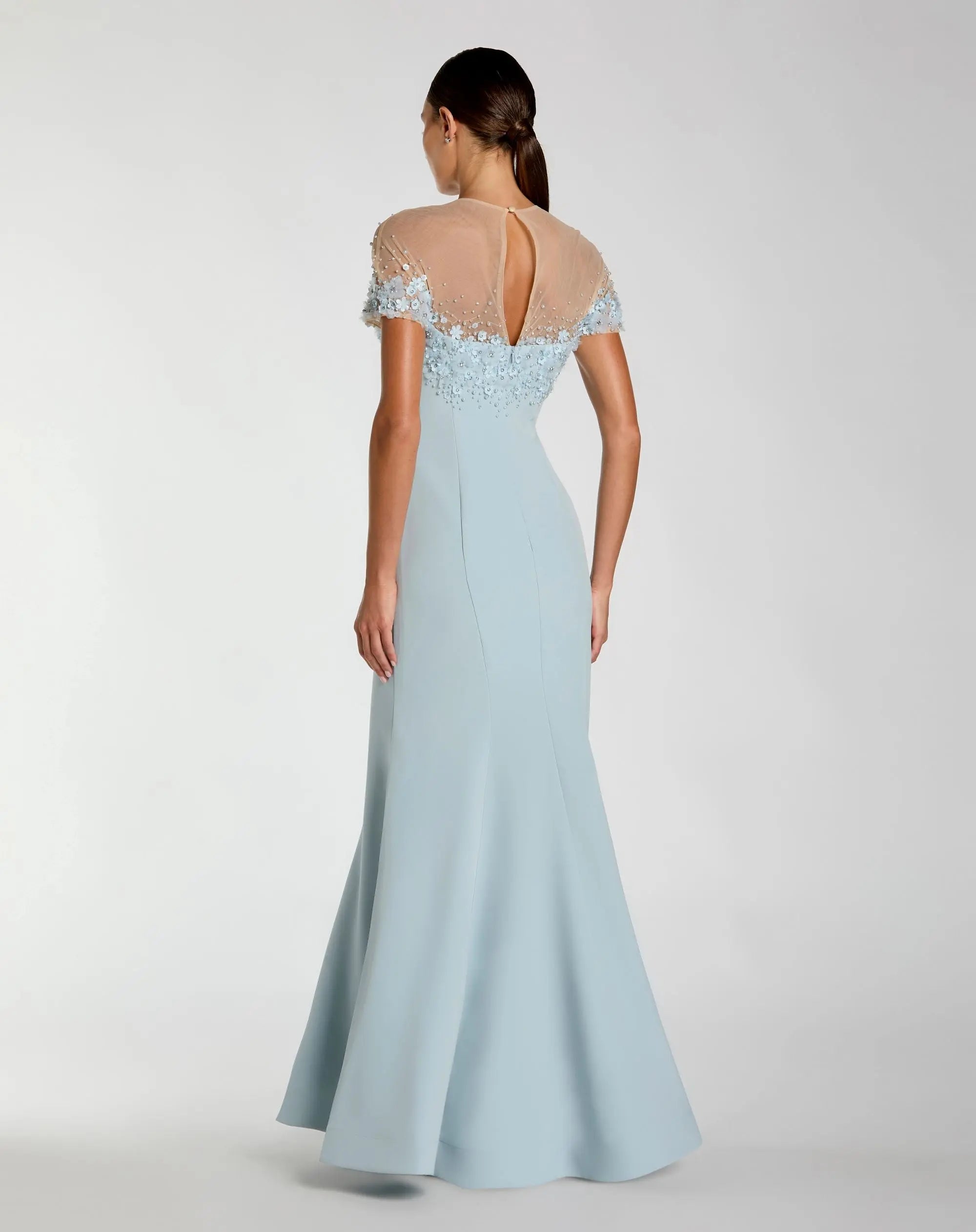 Blue Crepe Mermaid Gown With Beaded Illusion Neck-Myartka