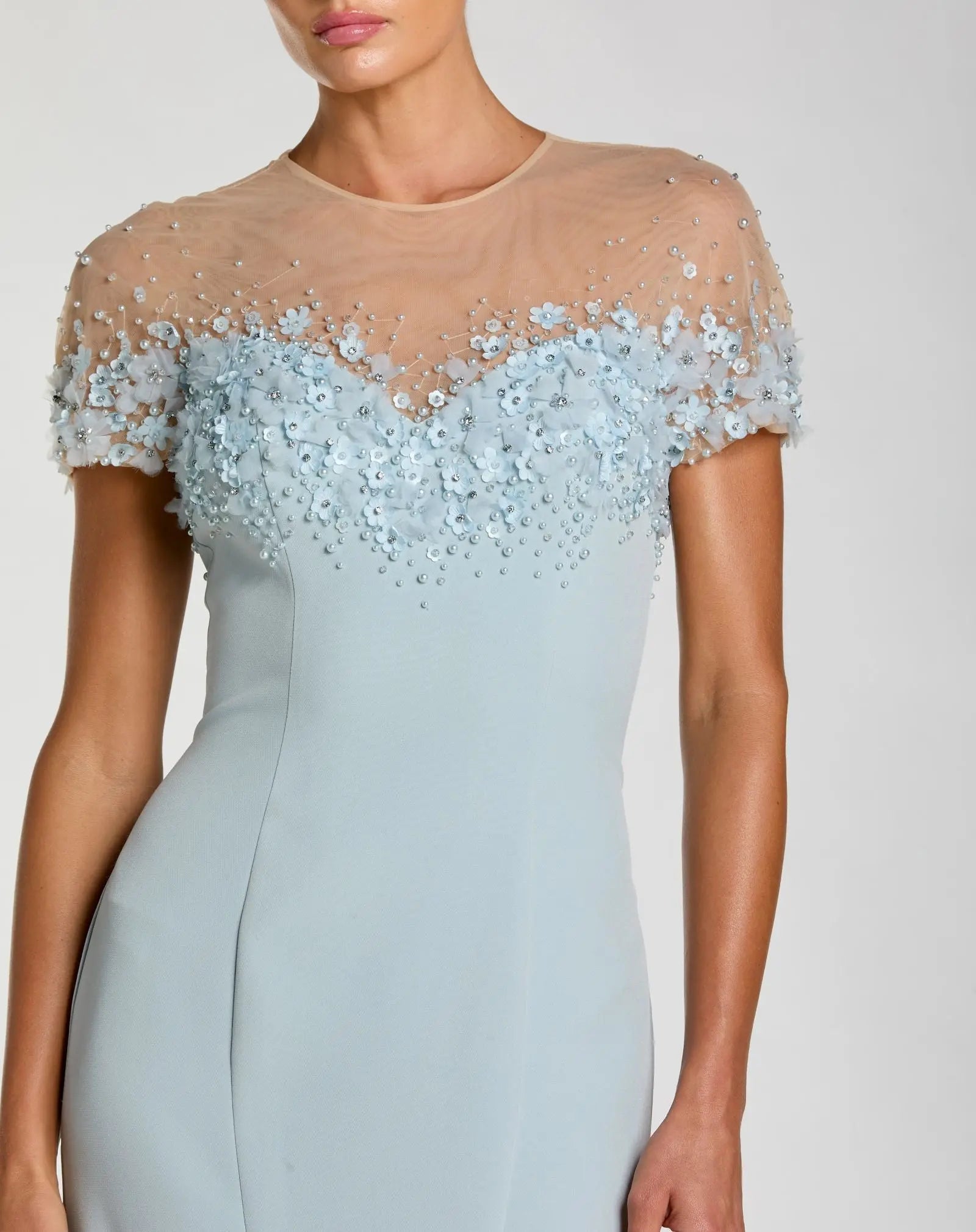 Blue Crepe Mermaid Gown With Beaded Illusion Neck-Myartka