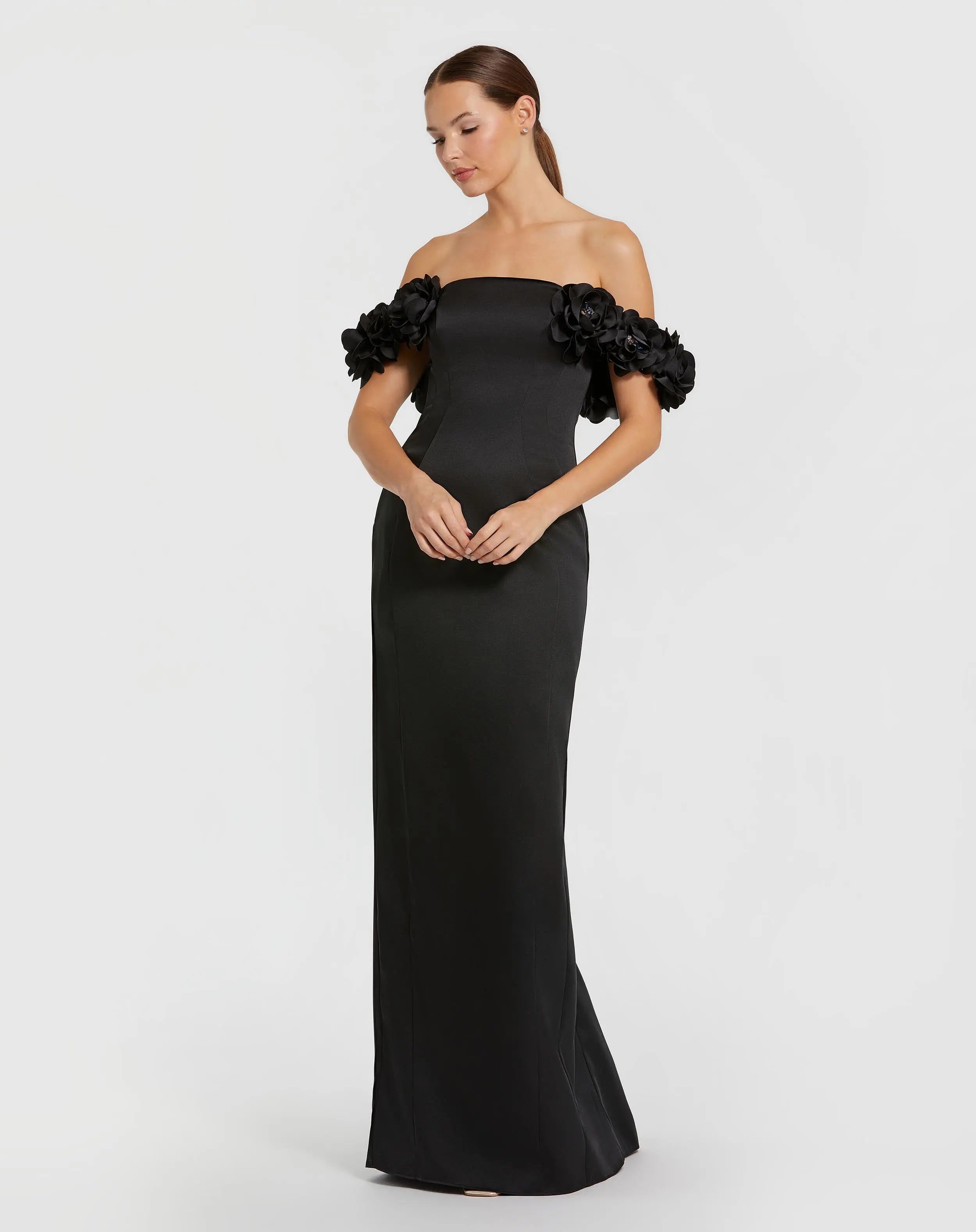 Black Satin 3D Flower Off The Shoulder Mermaid Gown-Myartka