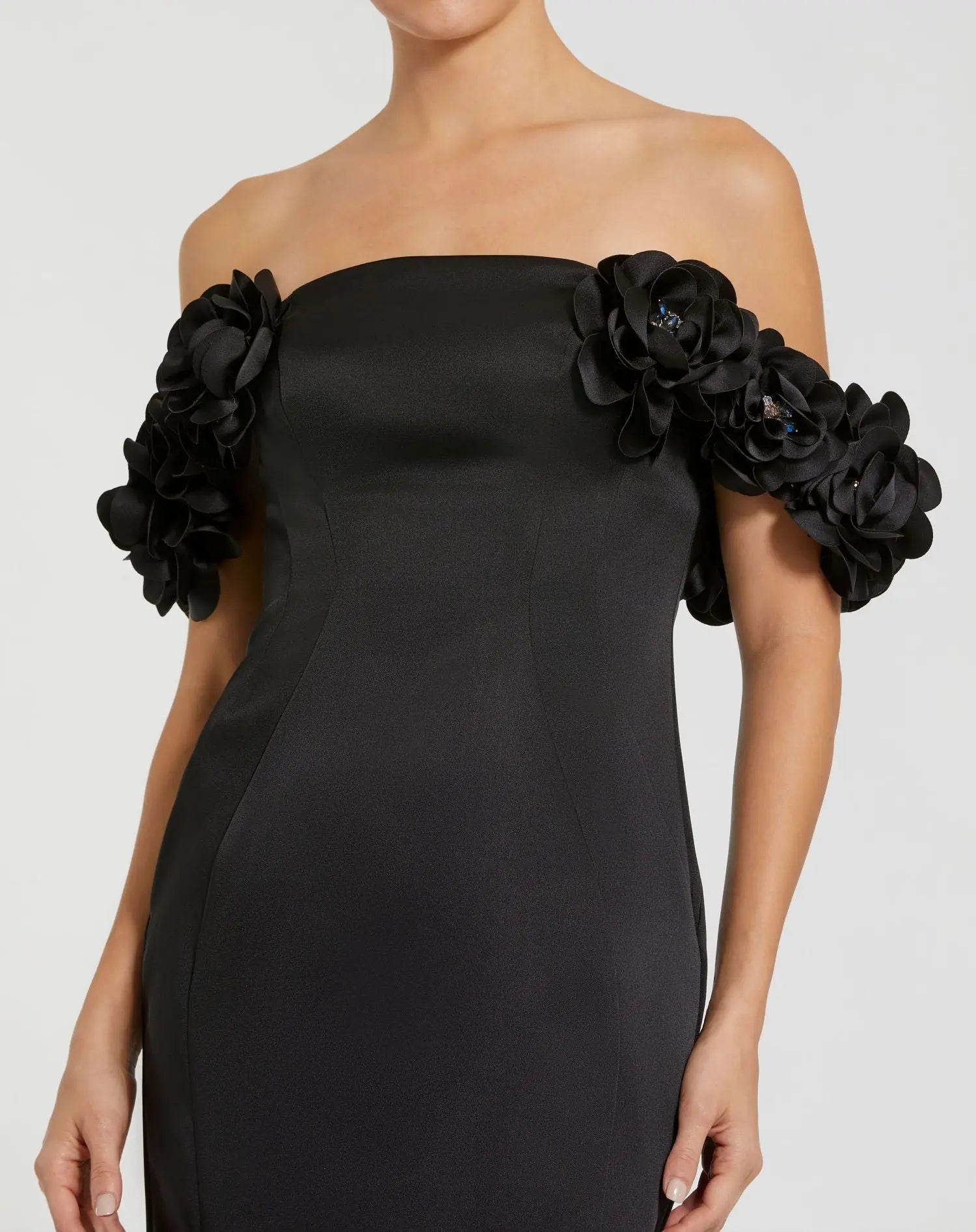 Black Satin 3D Flower Off The Shoulder Mermaid Gown-Myartka