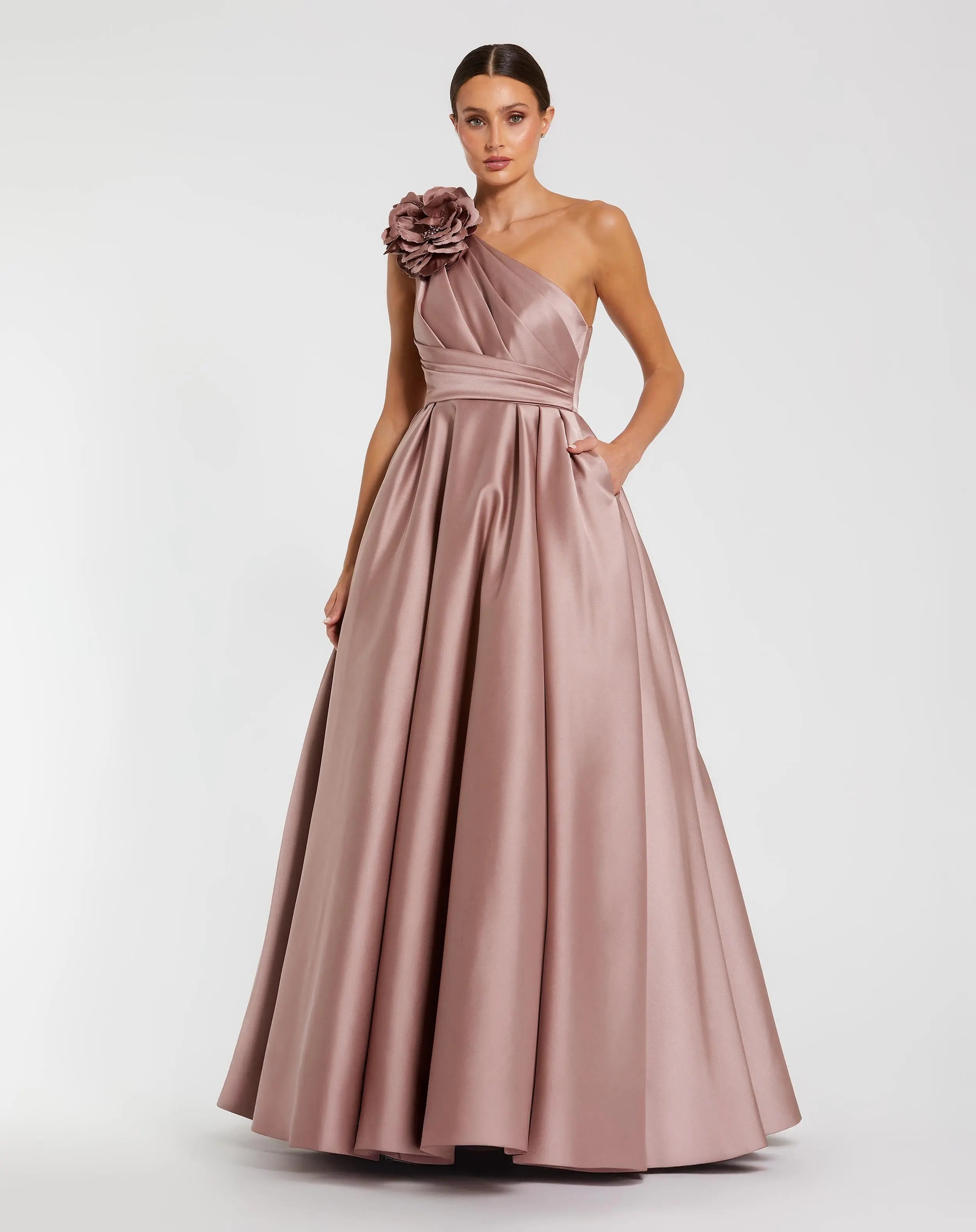 Pink One Shoulder Satin Ball Gown With 3D Flower-Myartka