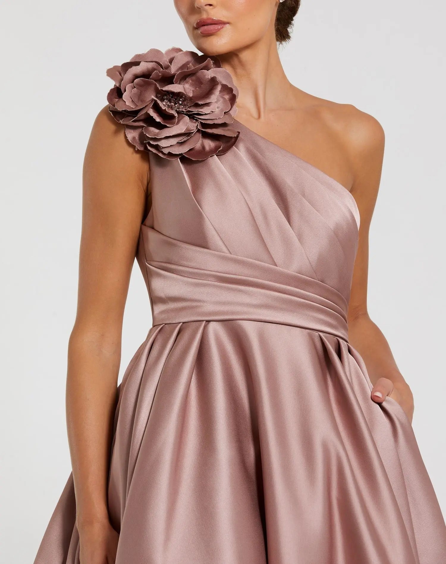 Pink One Shoulder Satin Ball Gown With 3D Flower-Myartka