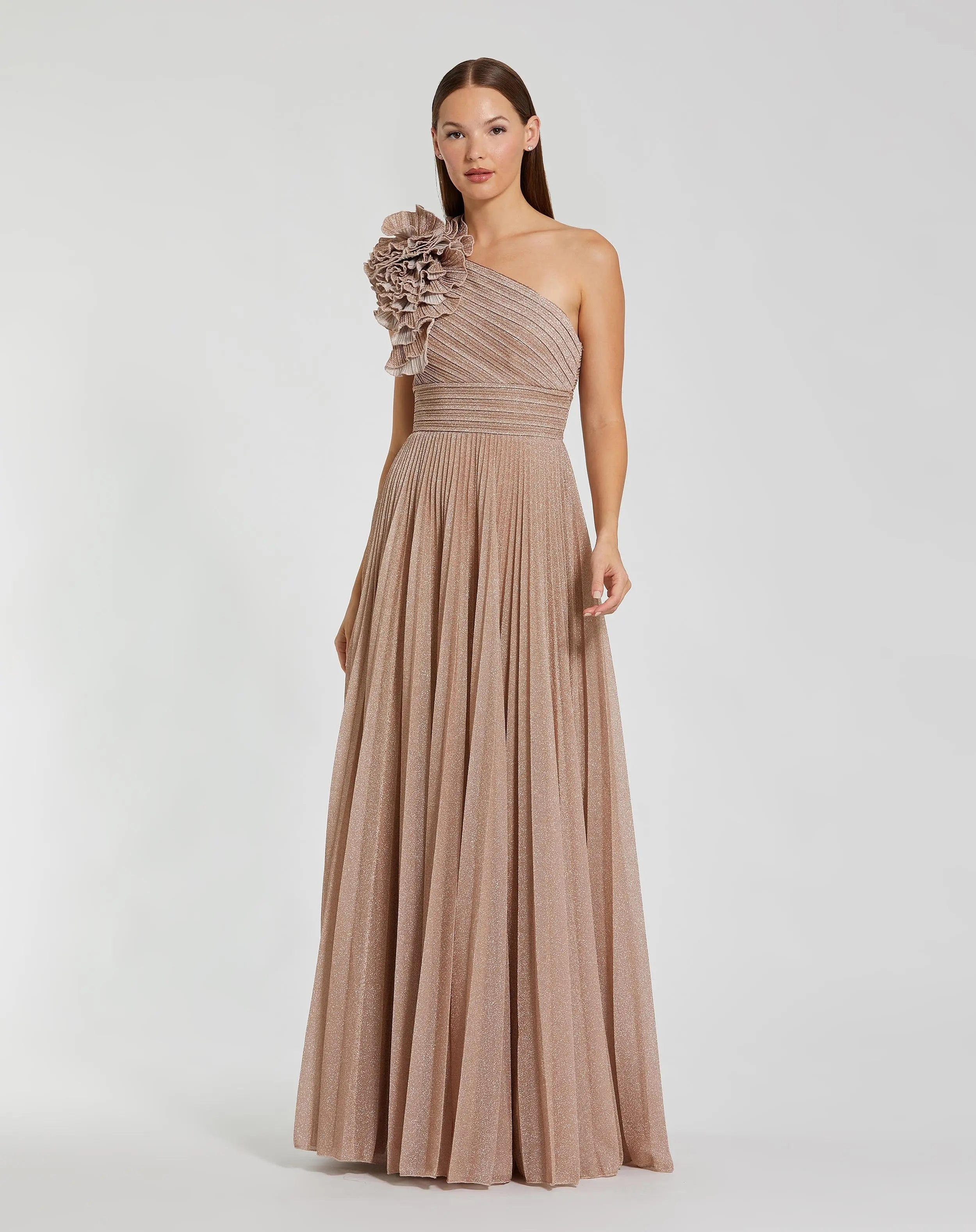 Pink Pleated One Shoulder Ruffle Gown-Myartka