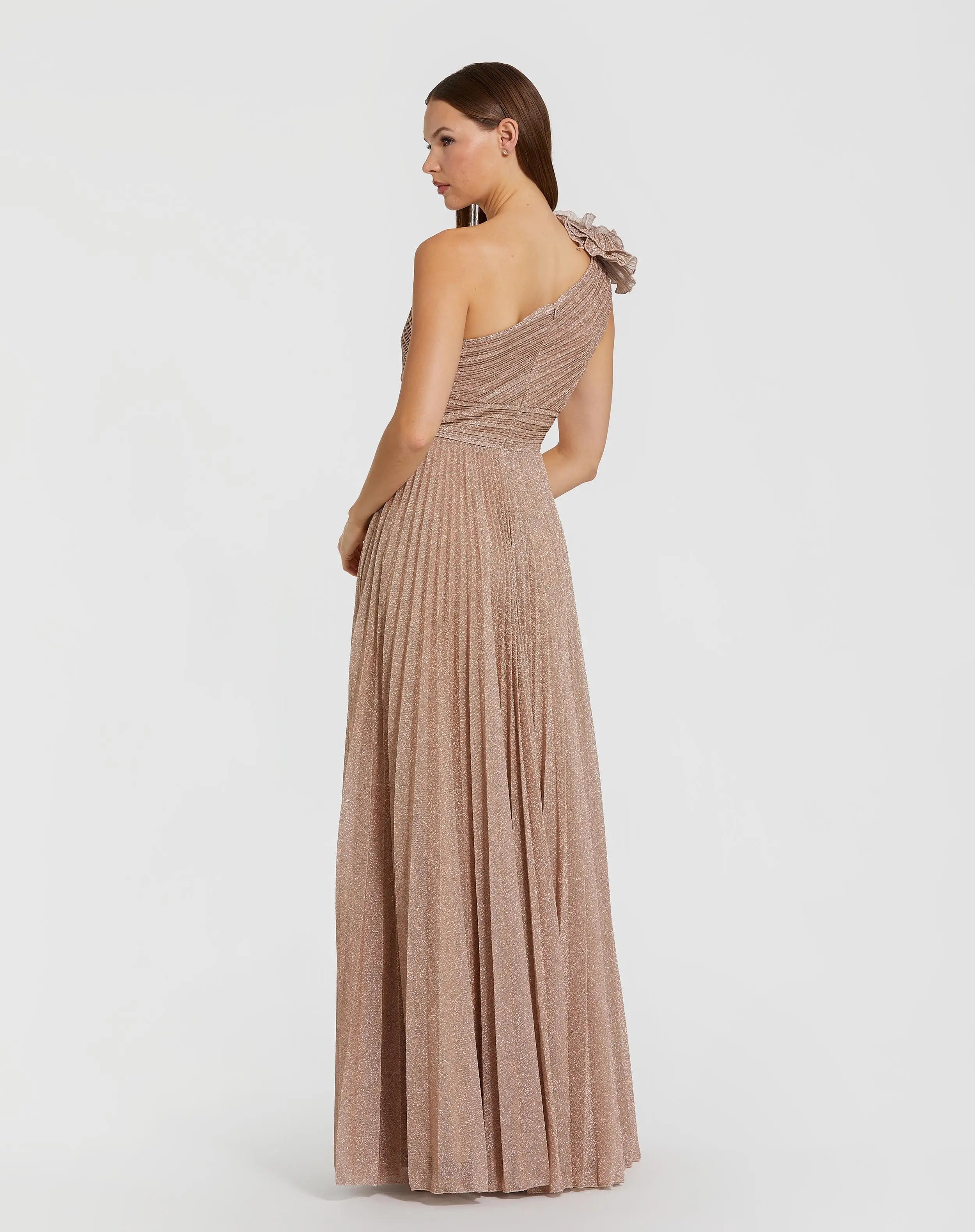 Pink Pleated One Shoulder Ruffle Gown-Myartka