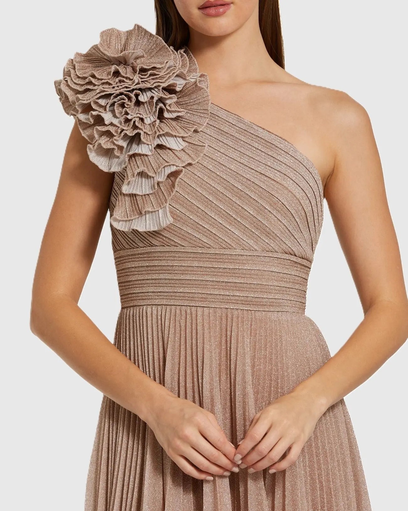 Pink Pleated One Shoulder Ruffle Gown-Myartka