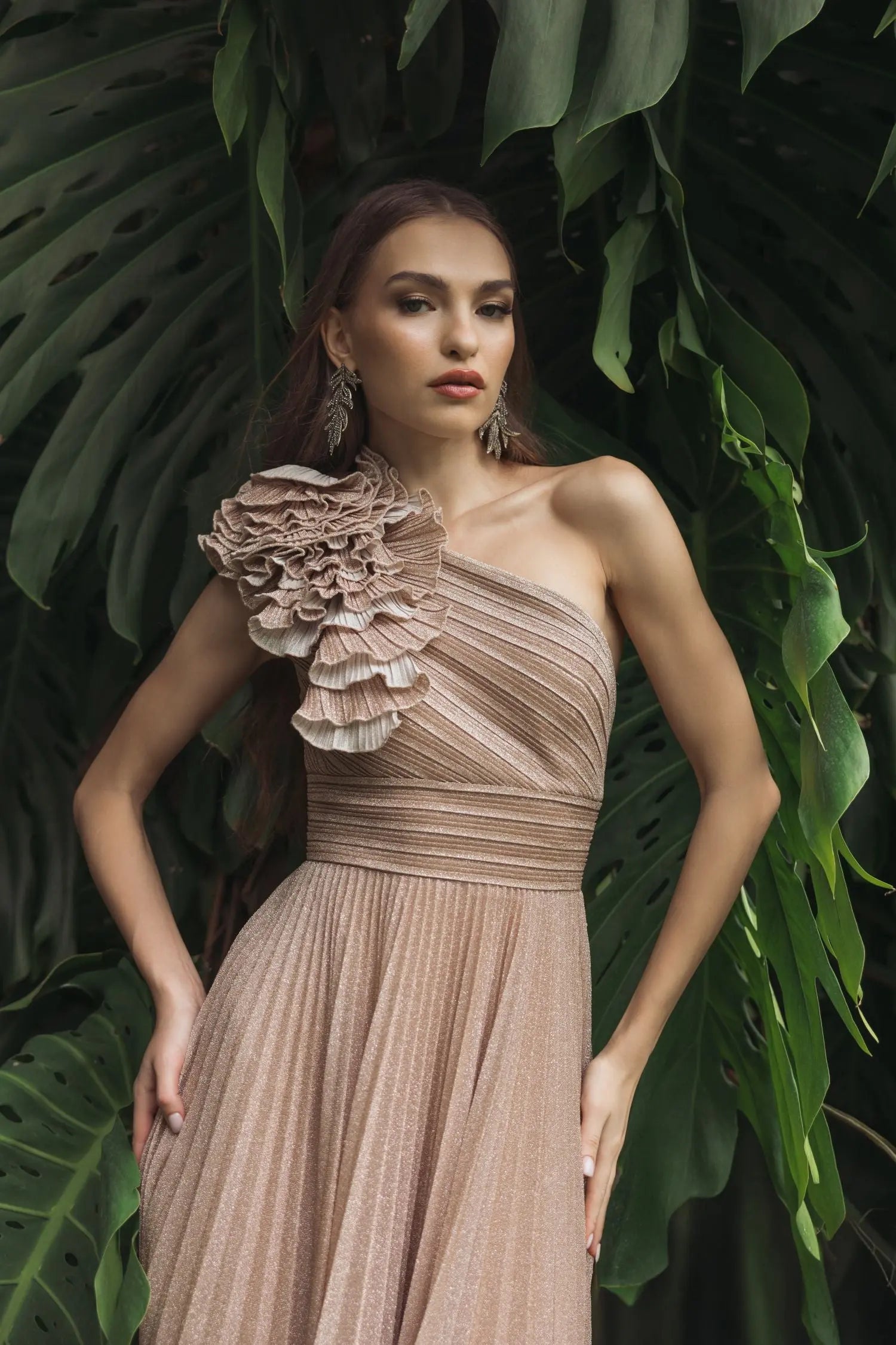 Pink Pleated One Shoulder Ruffle Gown-Myartka