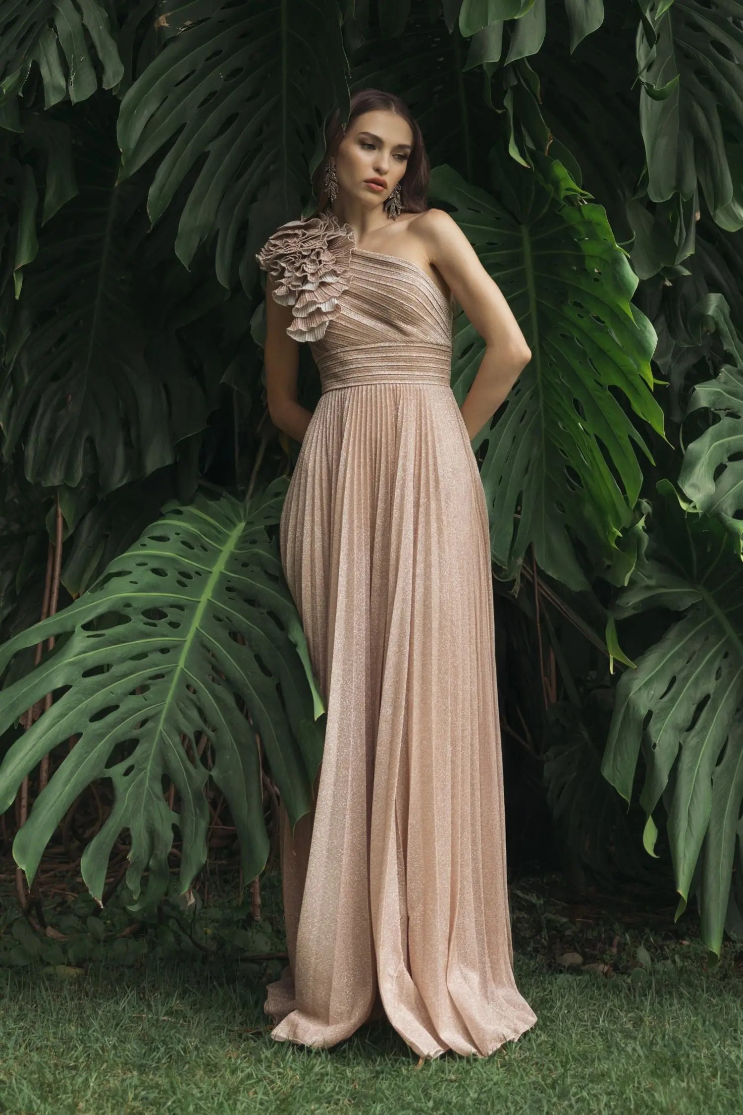 Pink Pleated One Shoulder Ruffle Gown-Myartka