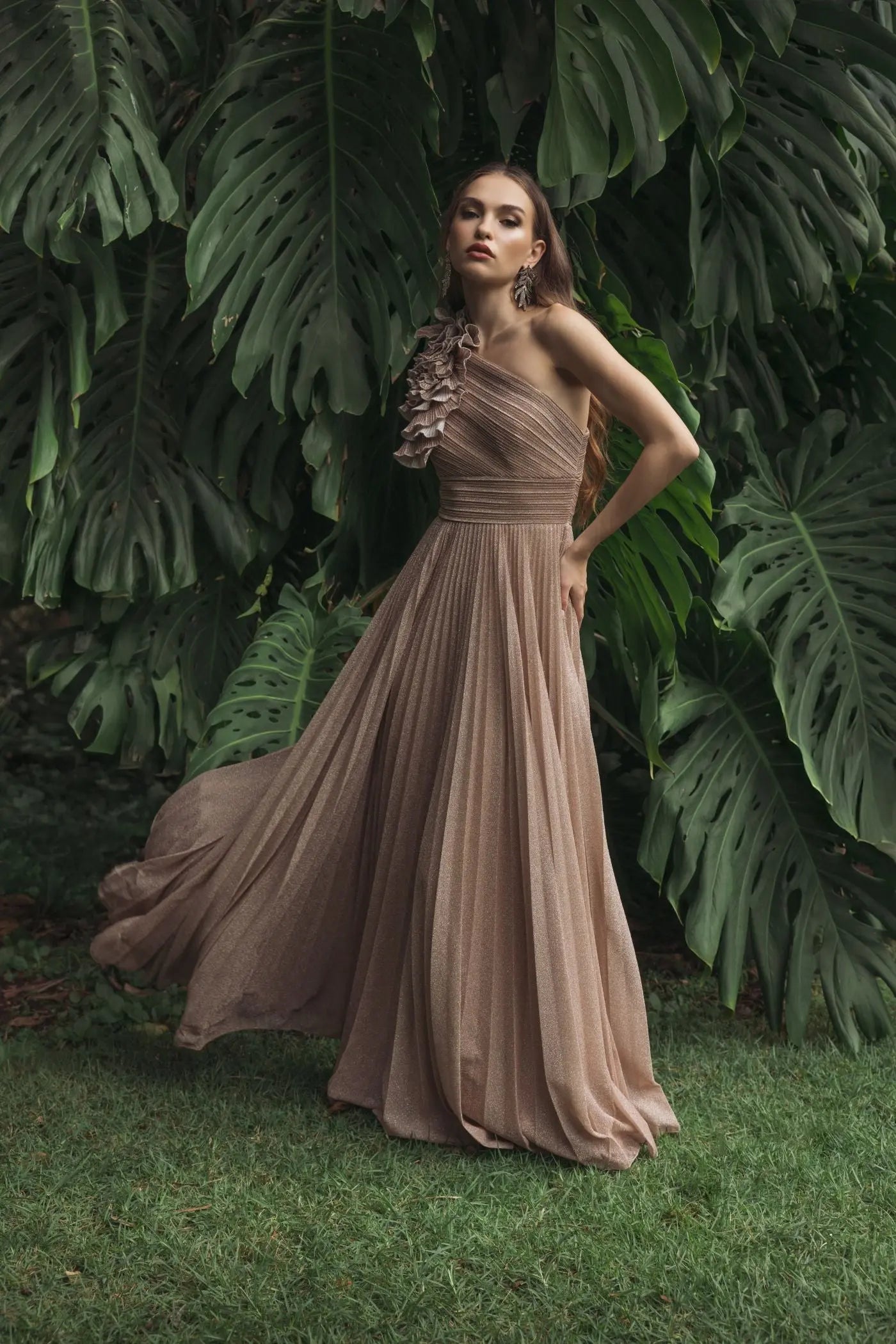 Pink Pleated One Shoulder Ruffle Gown-Myartka