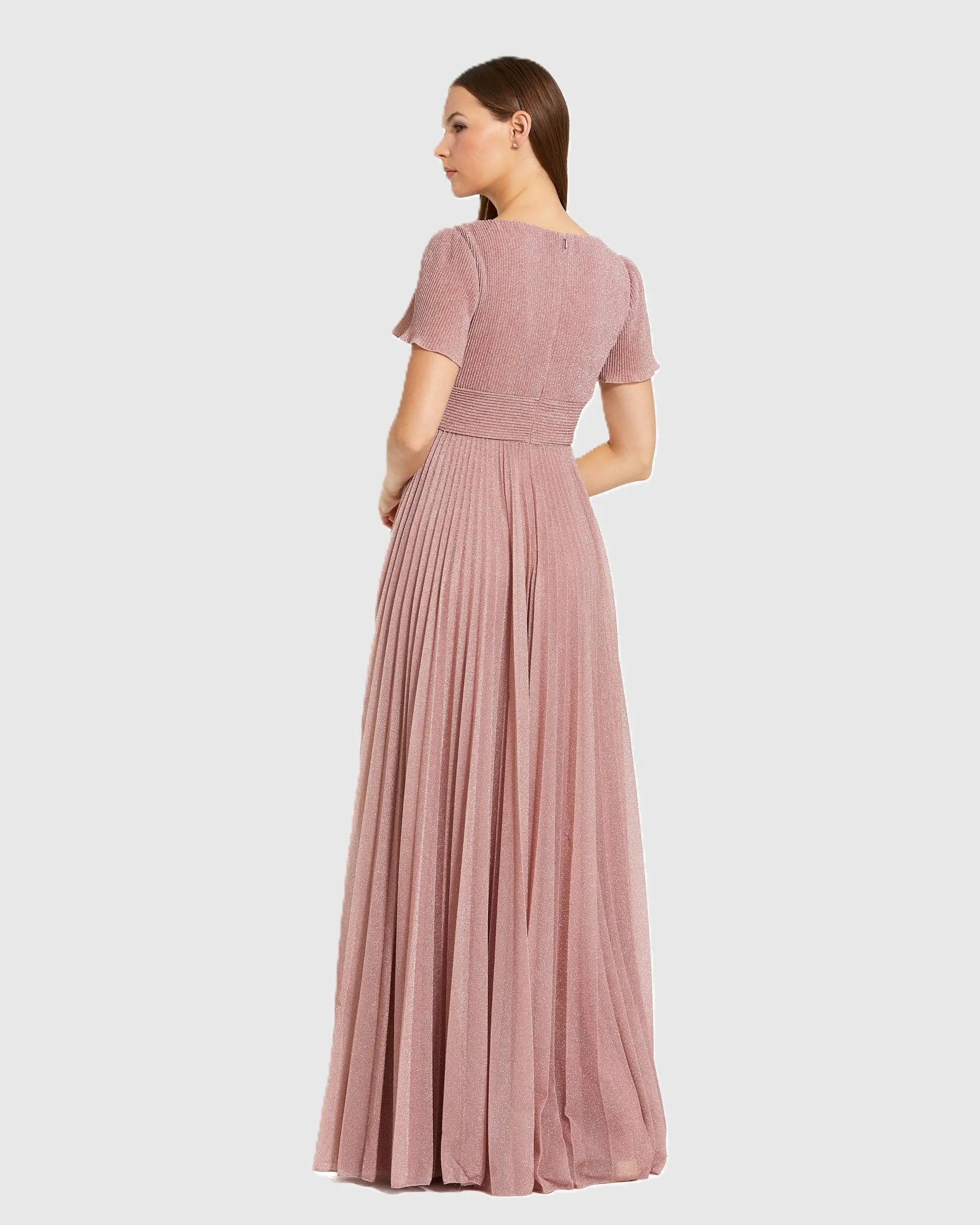 Pink Pleated Metallic Flutter Sleeve A Line Gown-Myartka