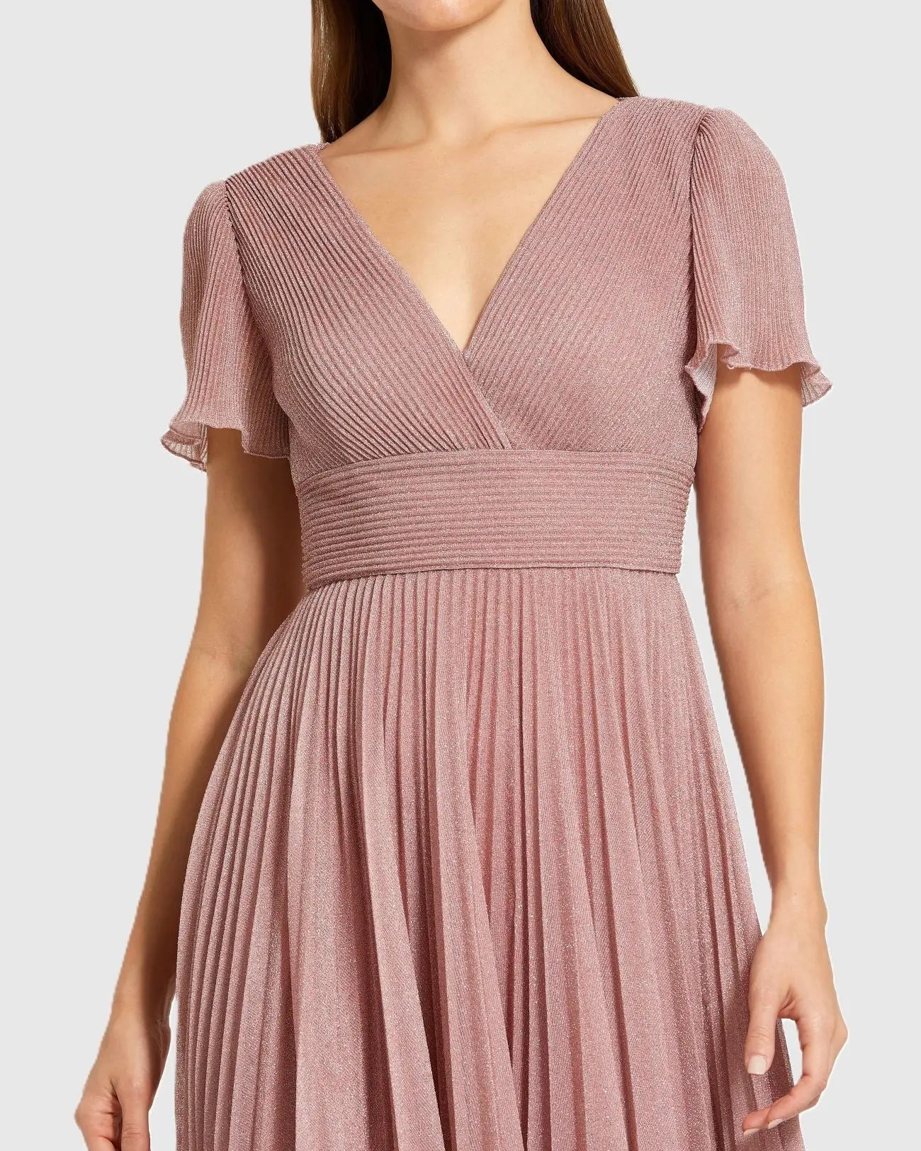 Pink Pleated Metallic Flutter Sleeve A Line Gown-Myartka