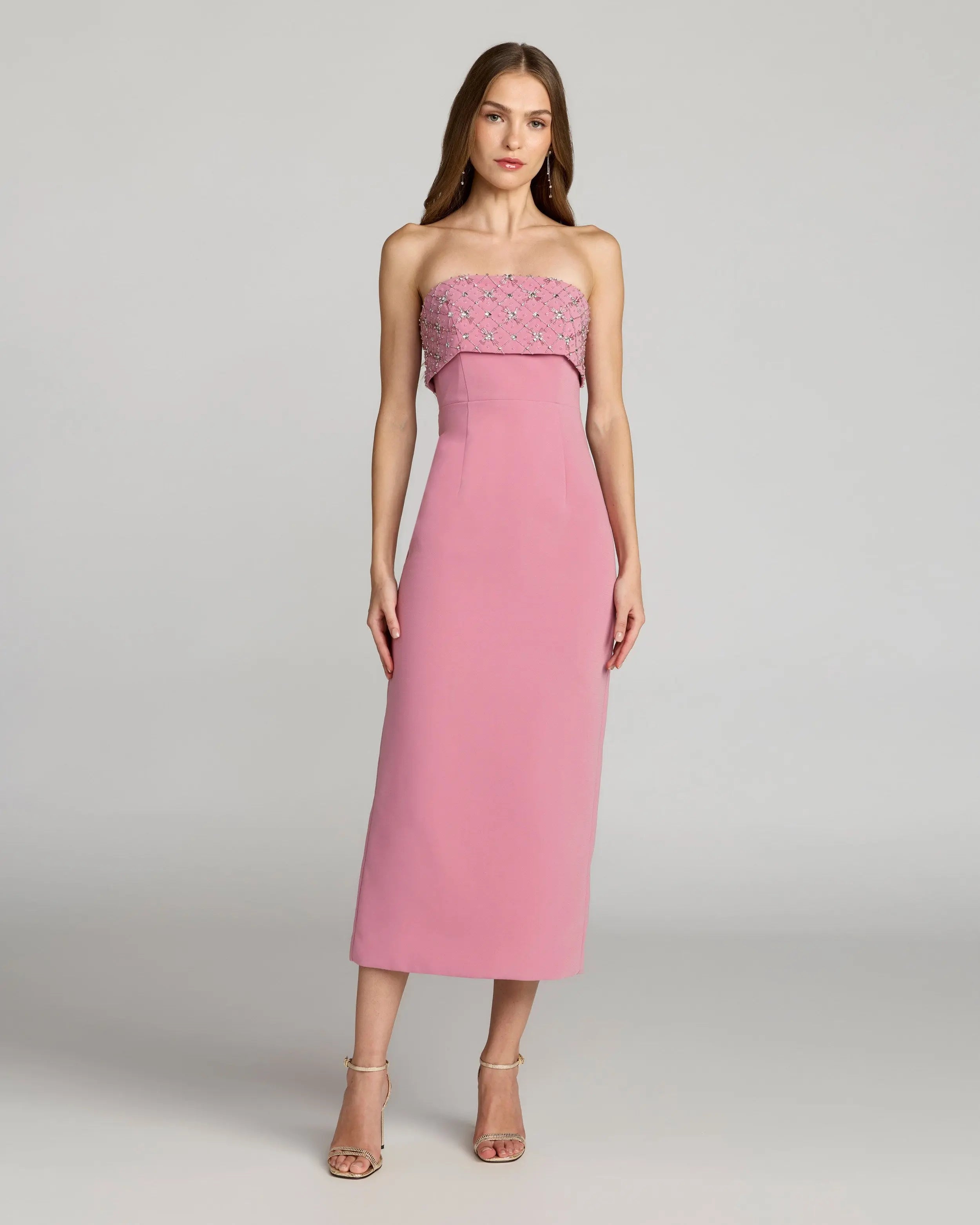 Pink Strapless Crepe Midi Dress With Rhinestone Detail-Myartka