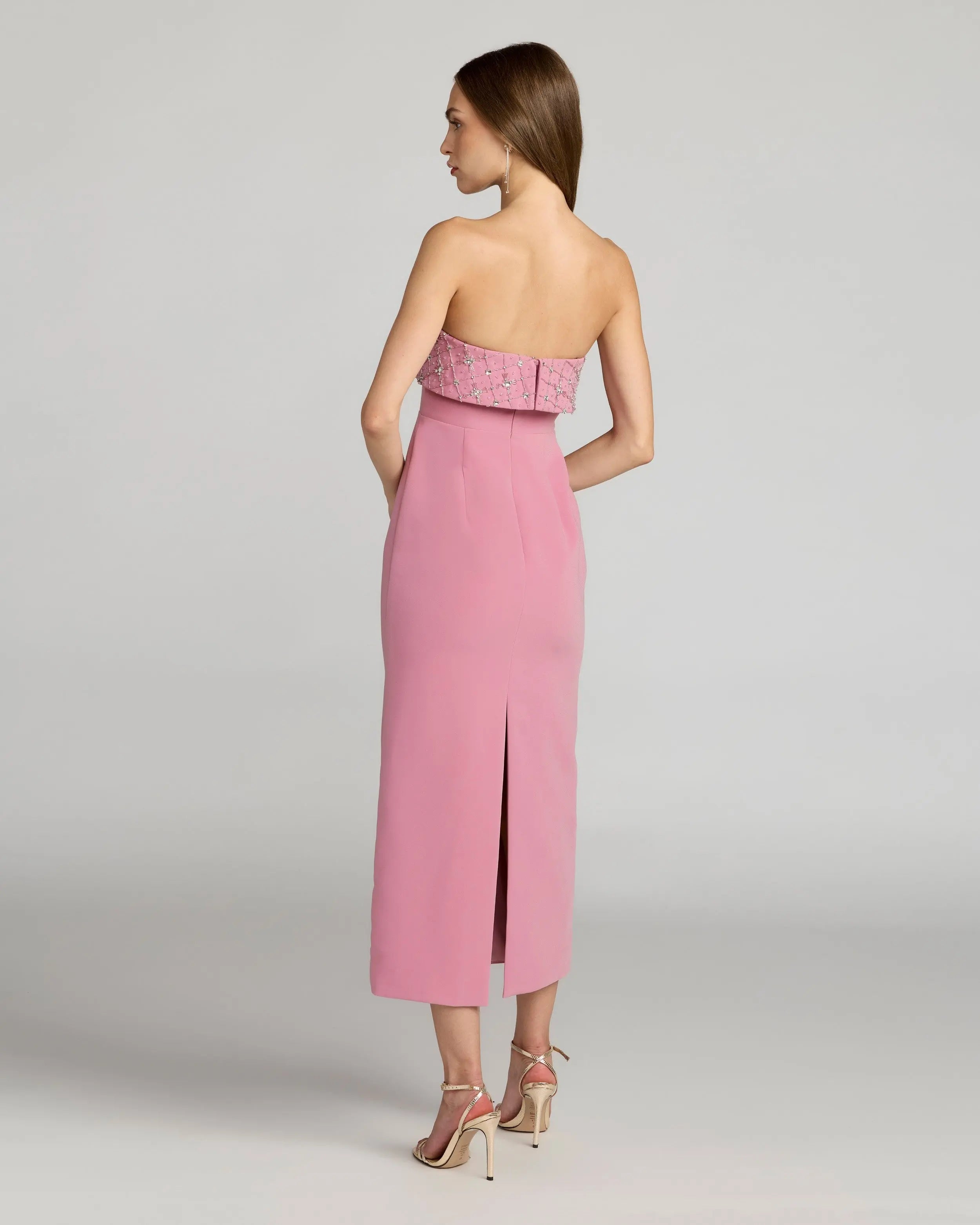 Pink Strapless Crepe Midi Dress With Rhinestone Detail-Myartka
